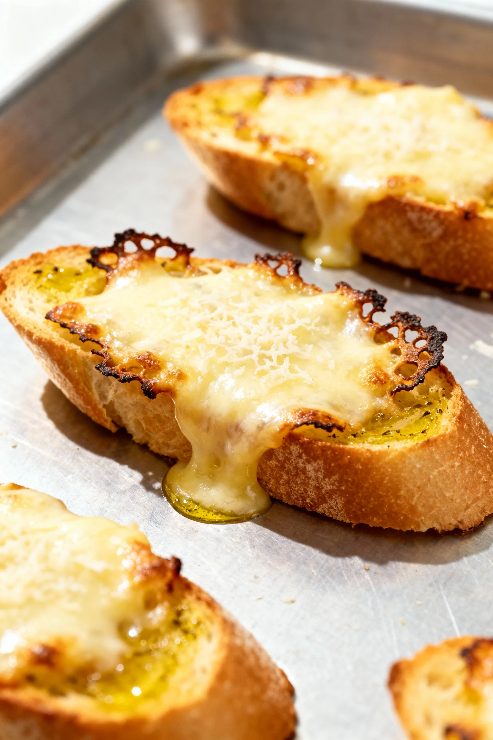 Food photography, Gruyère and Parmesan toasts just broiled on a sheet pan, bubbling cheese with lacy browned edges and g