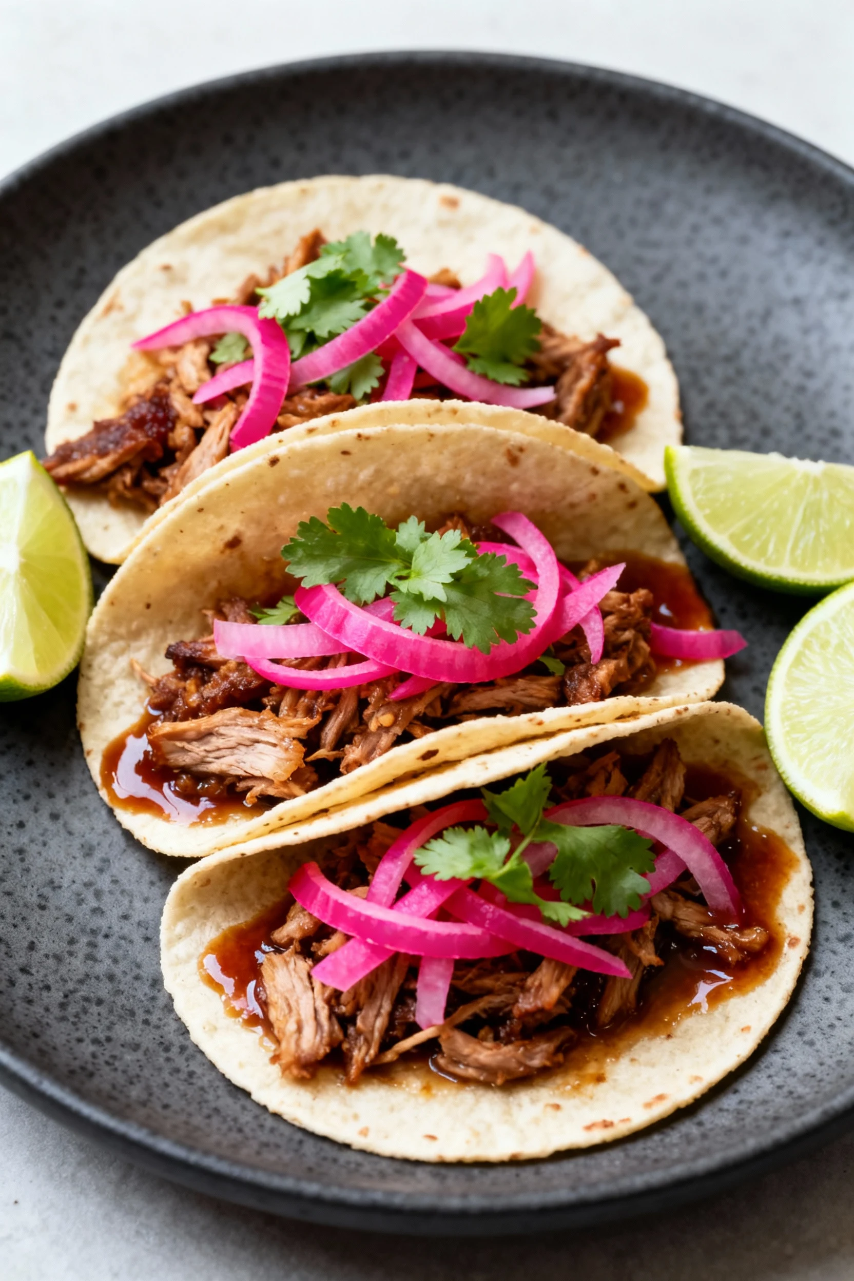 Food photography, Beautifully plated carnitas tacos crowned with neon-pink pickled red onions, fresh cilantro, lime wedg