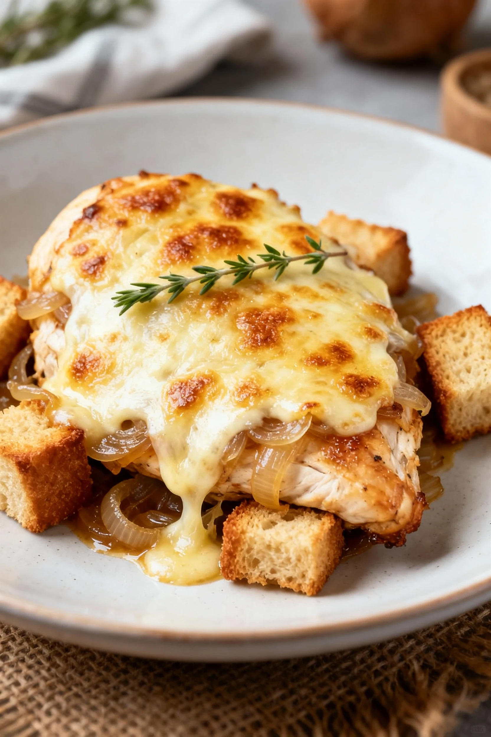 Food photography, 45-degree close-up: French Onion Chicken blanketed in melted Gruyère with golden blisters, croutons tu