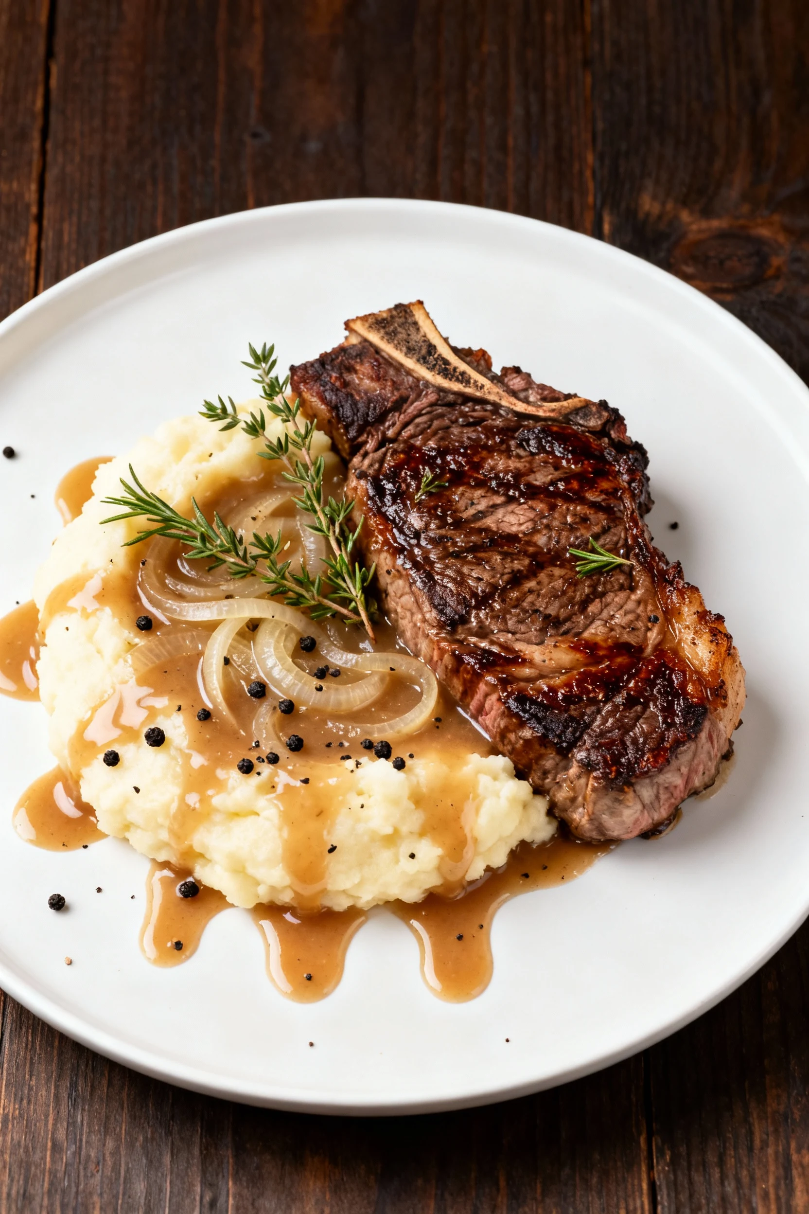 Food photography, Final plate: seared ribeye and pillowy mashed potatoes lavishly cloaked in silky onion gravy, rivulets