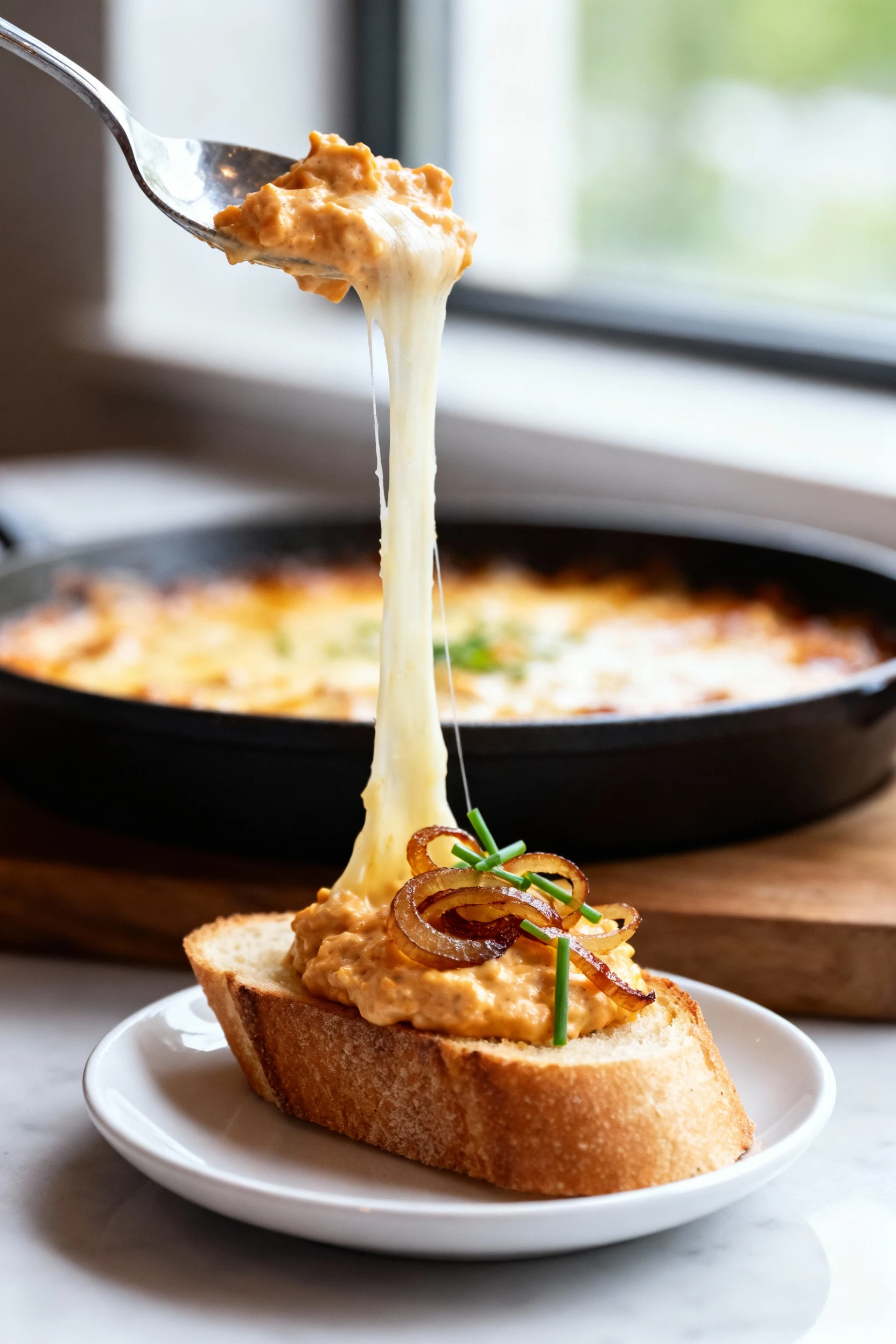 Food photography, Macro close-up: scoop of hot onion dip on a toasted baguette slice on a small white plate, long mozzar
