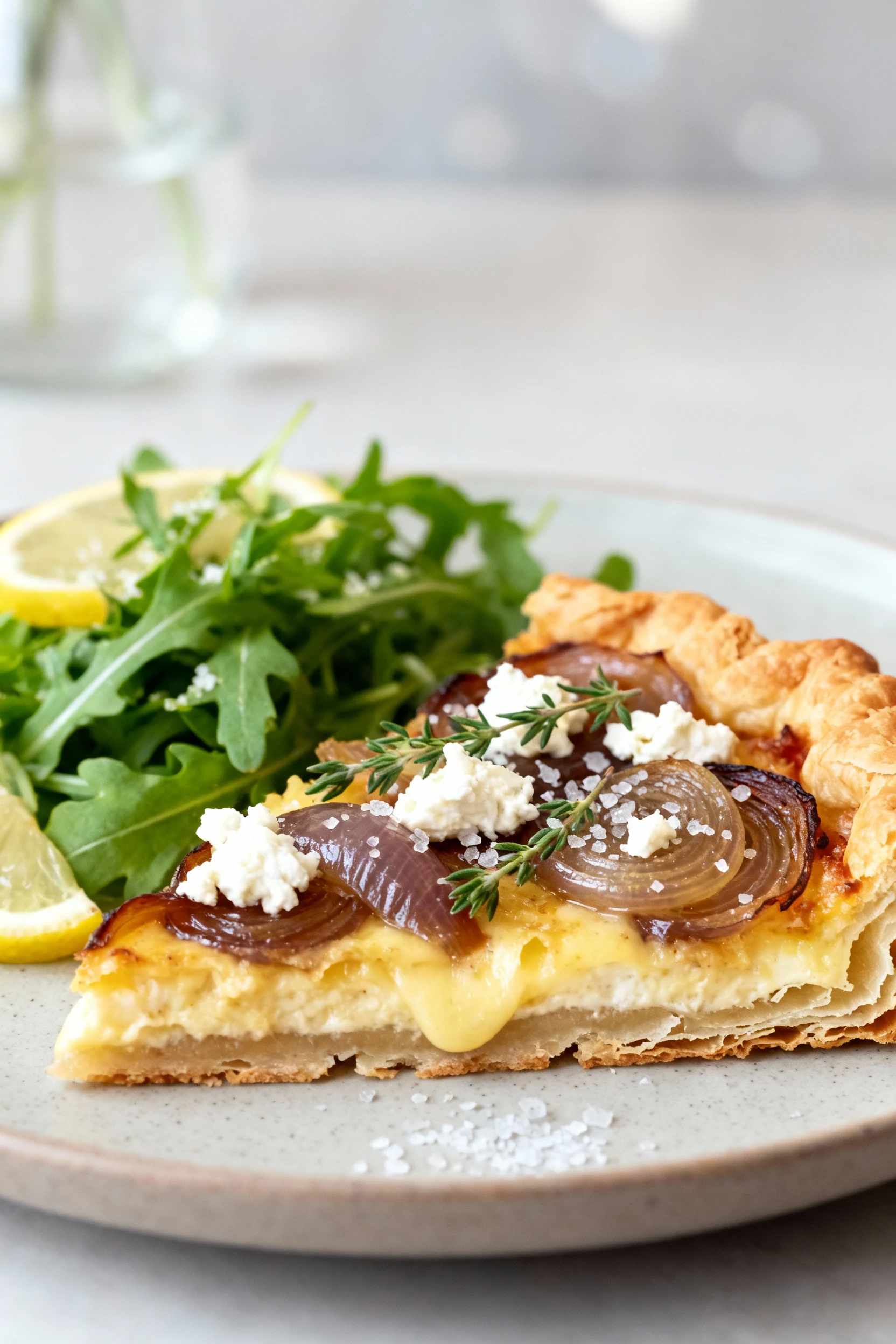 Food photography, Beautifully plated tart slices: crisp, shattery puff pastry layers with melty Gruyère and glossy onion