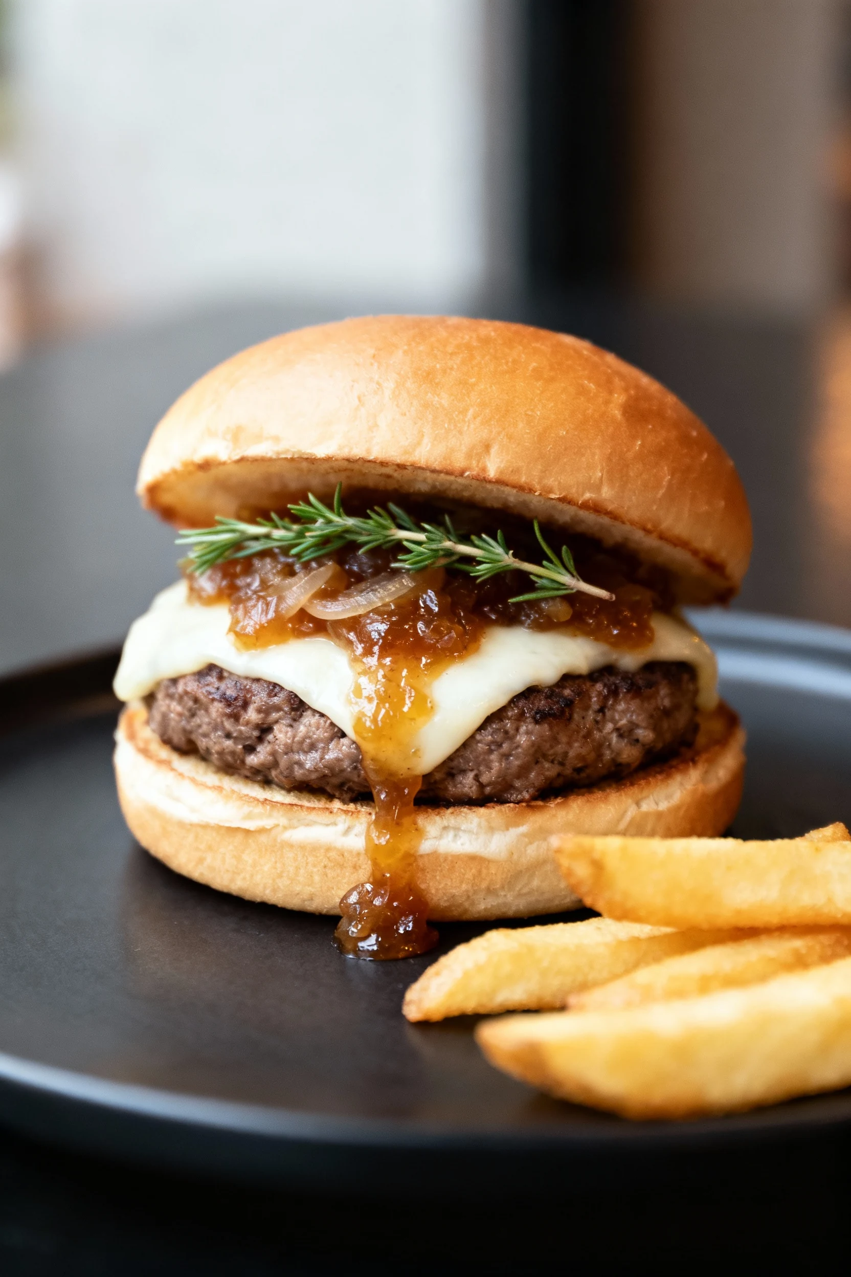 Food photography, Final dish presentation: brioche burger with melted white cheddar and a generous dollop of sweet onion