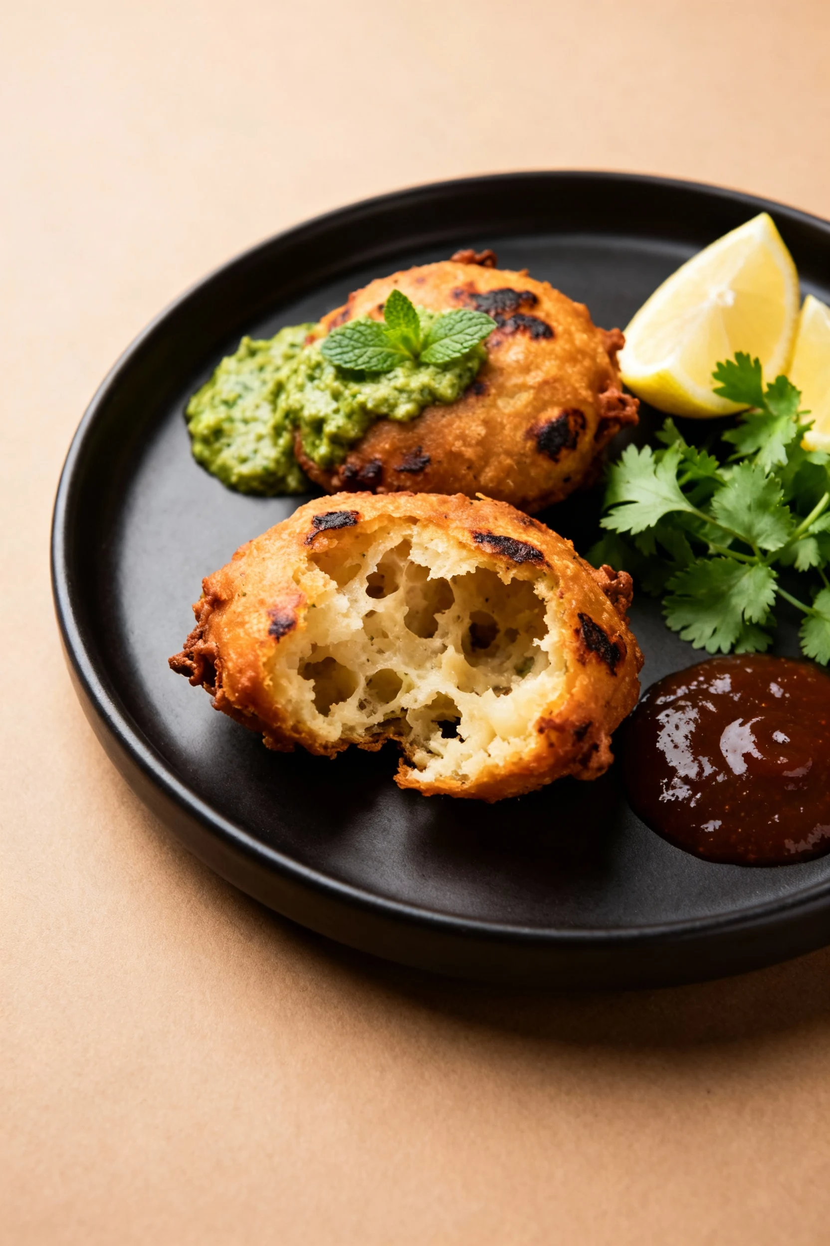 Food photography, Beautifully plated onion bhaji with mint-coriander chutney and tamarind chutney, lemon wedges and fres