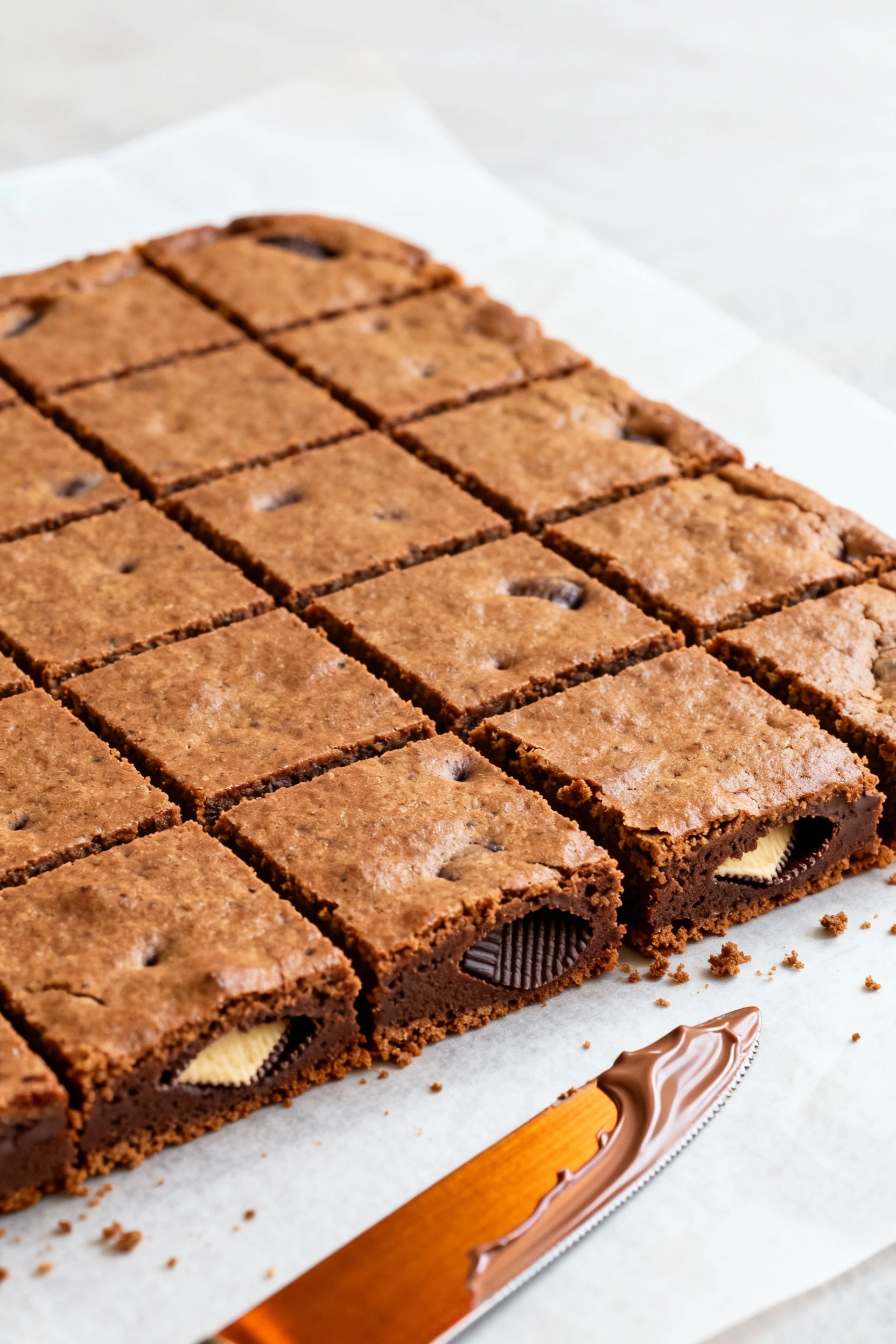 Food photography, 45-degree process shot of the fully baked slab being sliced into neat squares on parchment, clean grid
