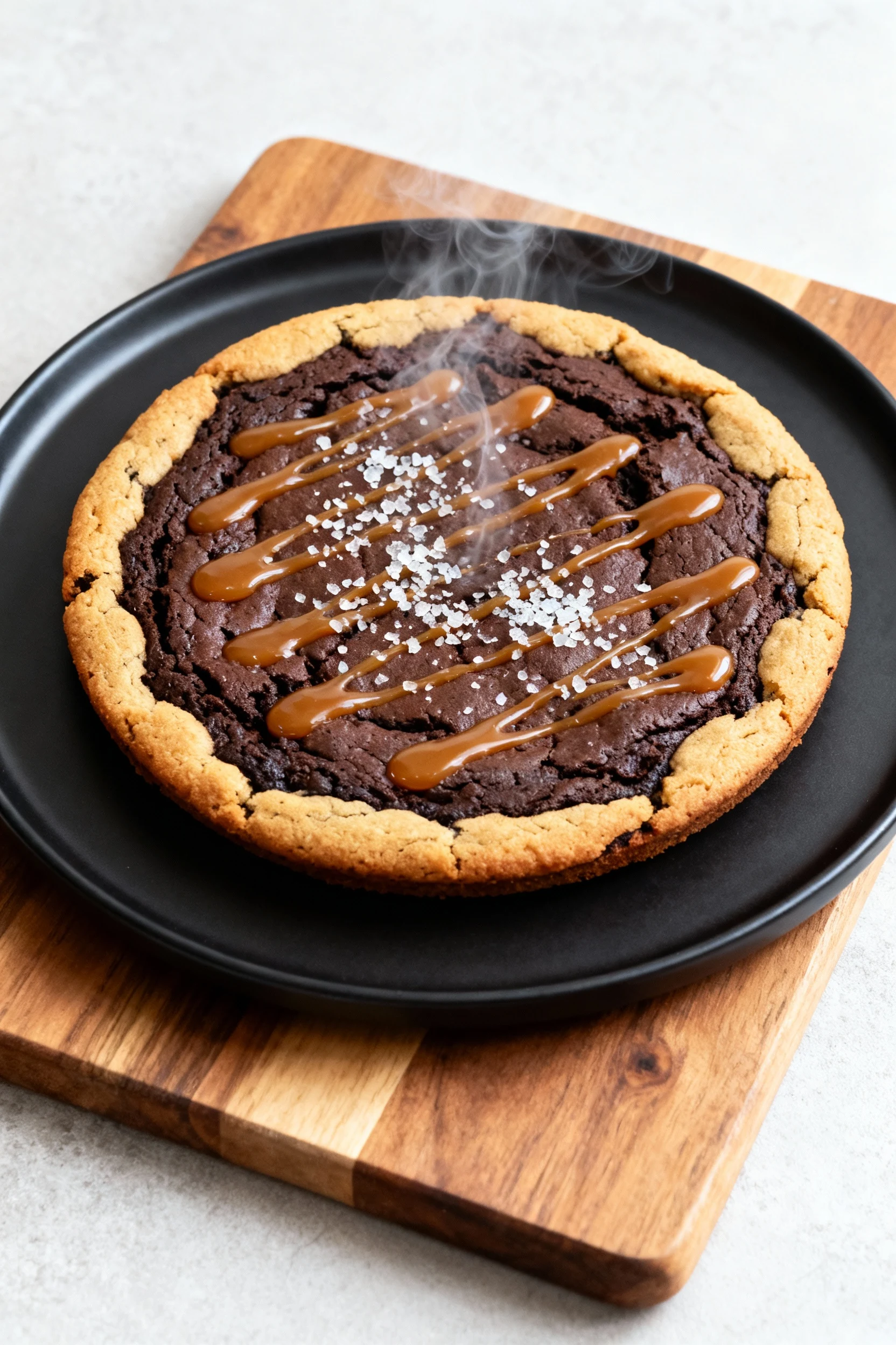 Food photography, Beautifully plated 6‑inch skillet-style brookie from the air fryer, contrasting golden cookie edges an