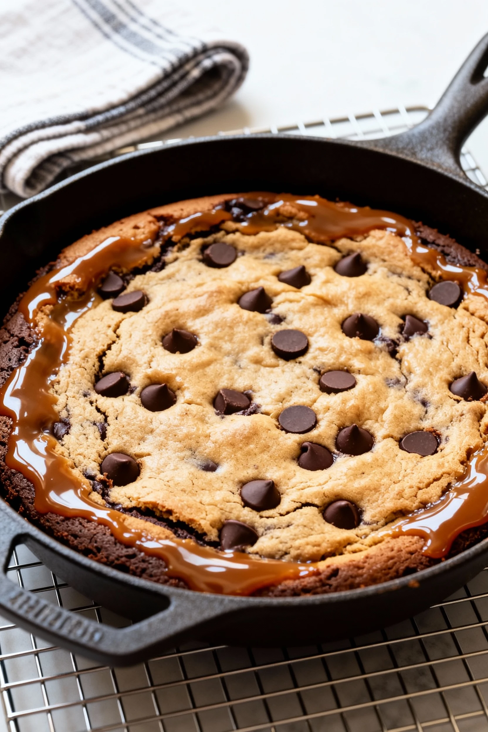 Food photography, Process moment: just-baked brookie resting 5 minutes in the skillet on a wire rack, edges caramelized