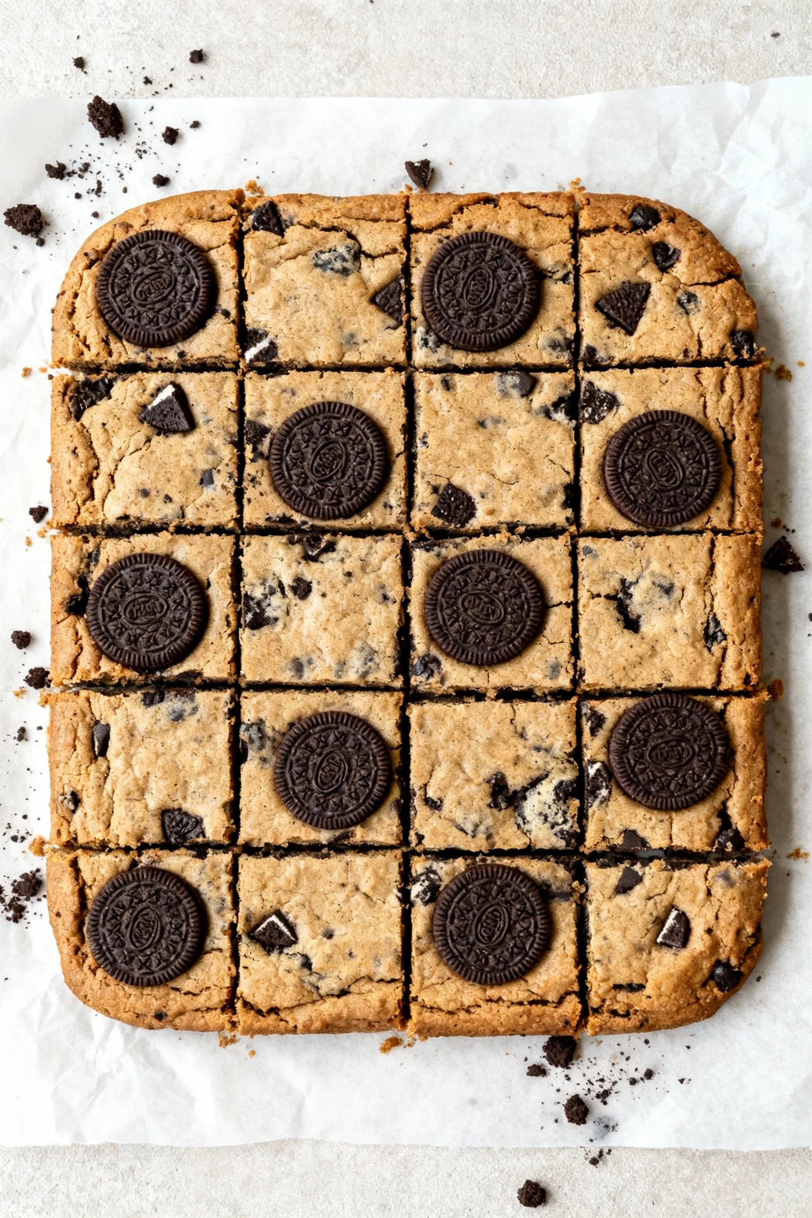 Food photography, Top-down process shot of the cooled brookies slab neatly cut into 16 squares on parchment—razor-sharp 
