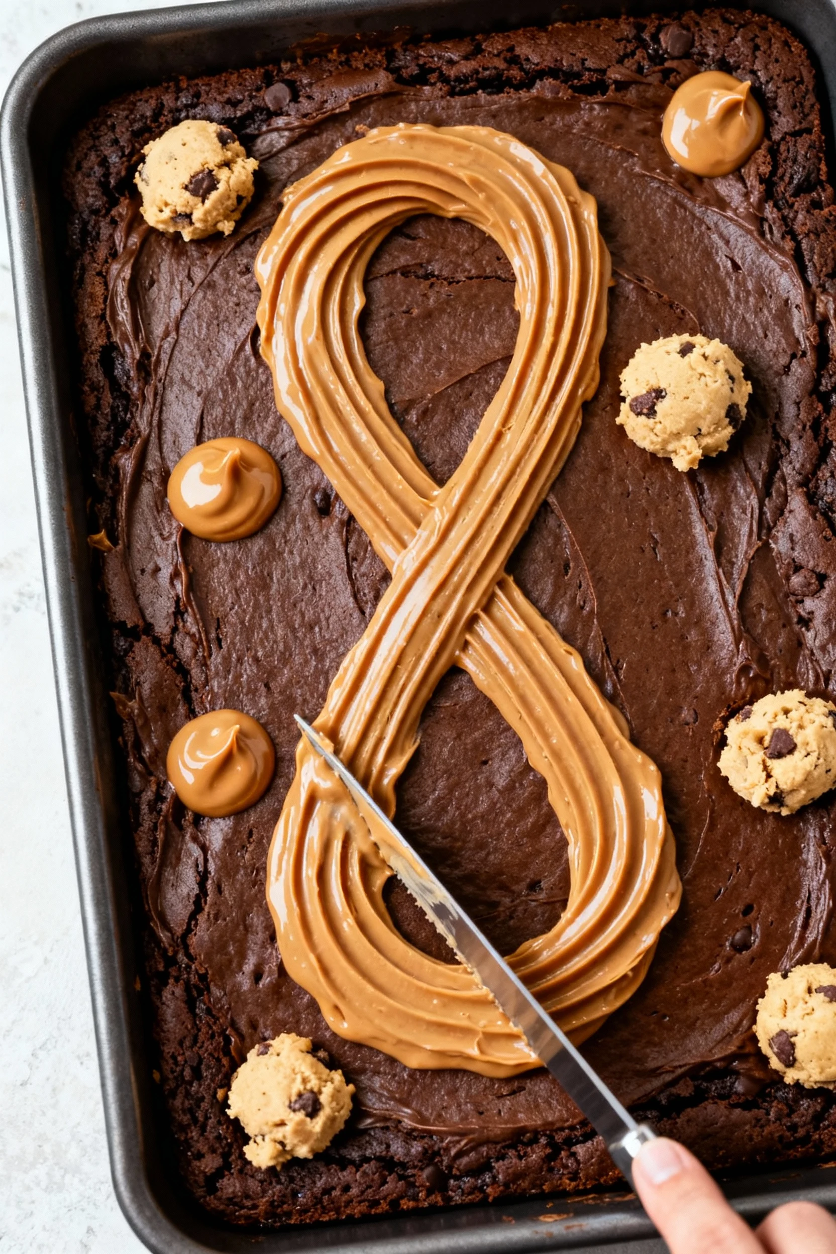 Food photography, Cooking process, overhead: brownie batter spread in pan, small spoonfuls of cookie dough dotted across