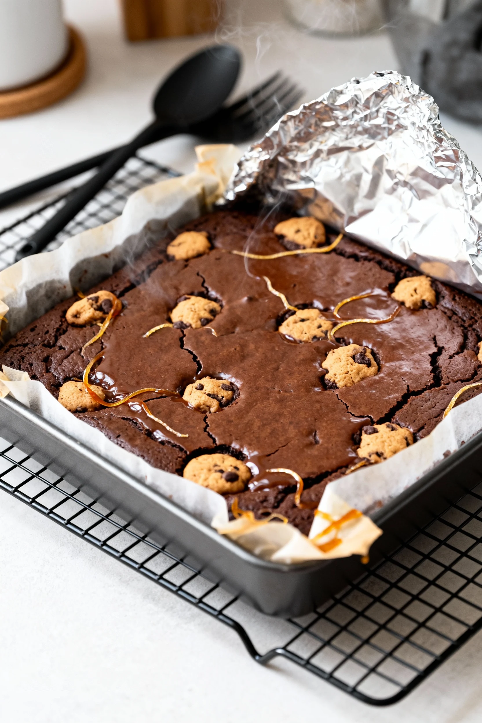 Food photography, 3. Fresh-from-oven brookies in a 9-inch square pan on a cooling rack, parchment lining visible, glossy