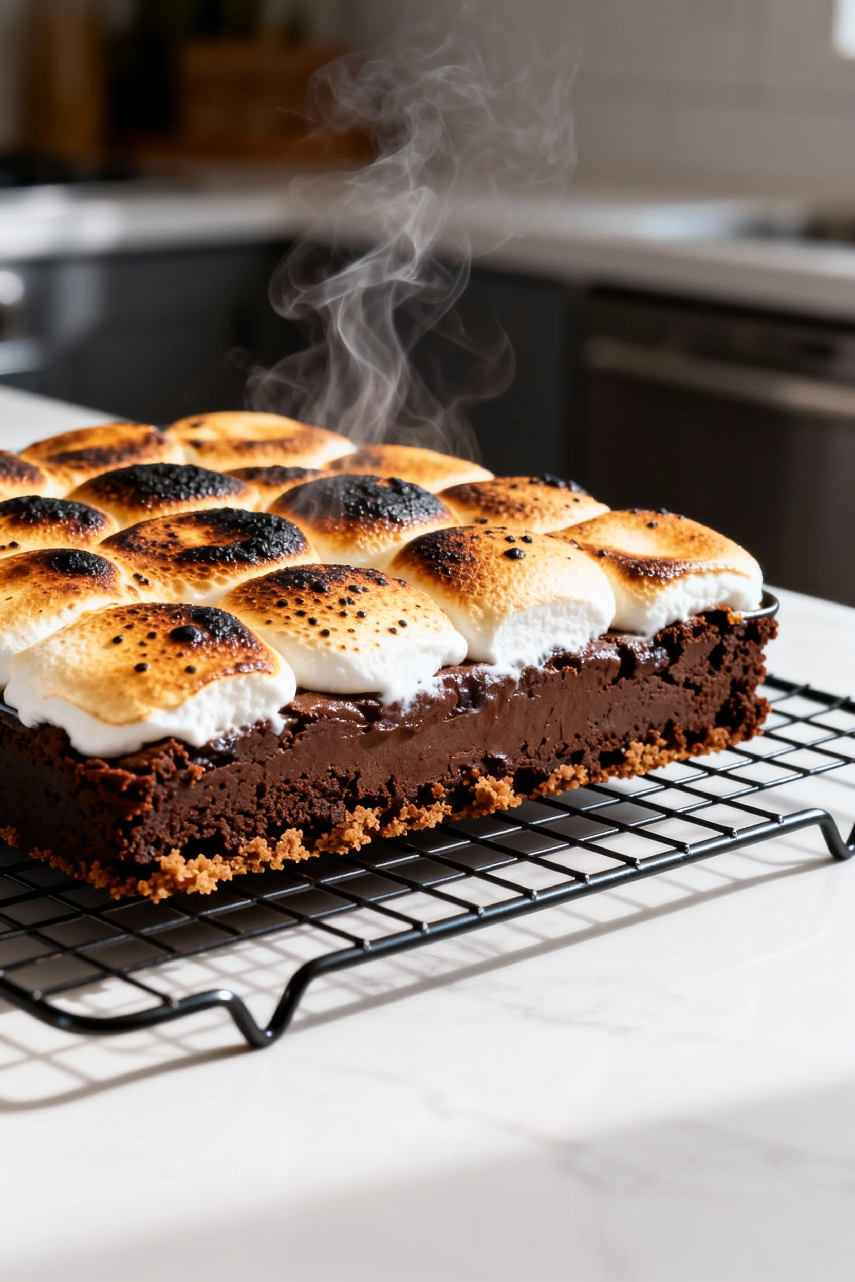 Food photography, Process finish shot: just-broiled pan resting on a cooling rack, marshmallow topping deeply golden and