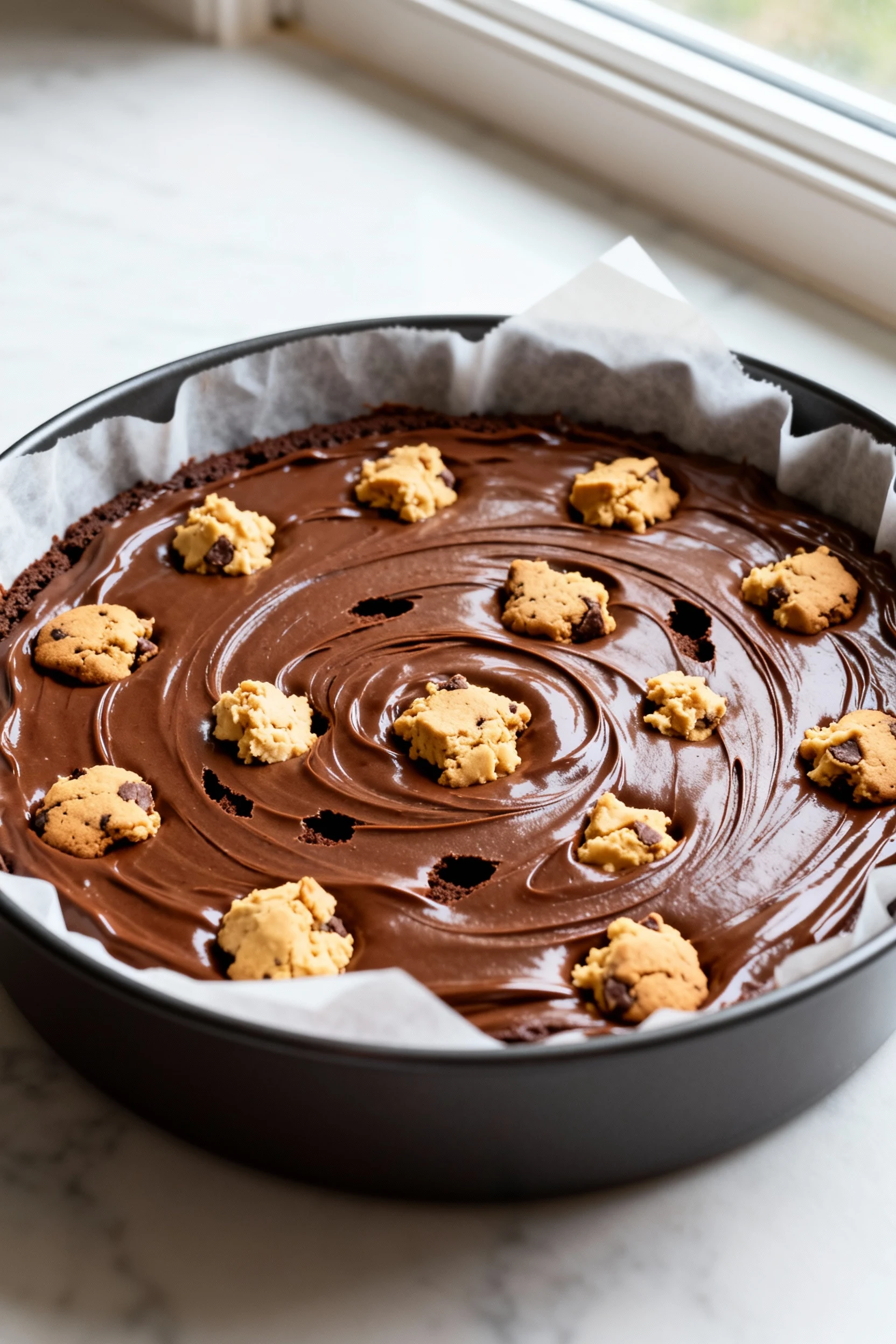 Food photography, Cooking process: parchment-lined 8-inch pan with brownie batter smoothed to the corners and chunky coo