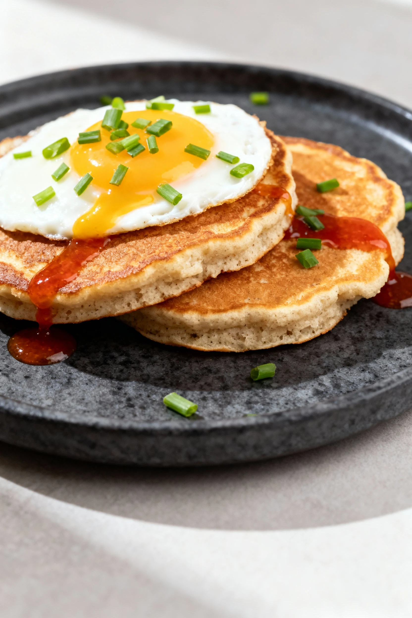 Food photography, 3. Beautifully plated savory coconut flour pancakes: two pancakes topped with a runny fried egg, chopp