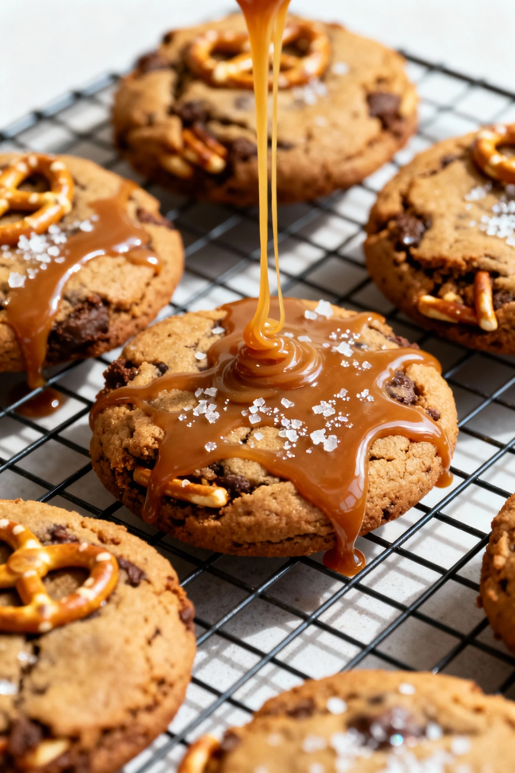 Food photography, Finishing stage: freshly baked brookies on a rack with thick caramel drizzling from off-frame in ribbo