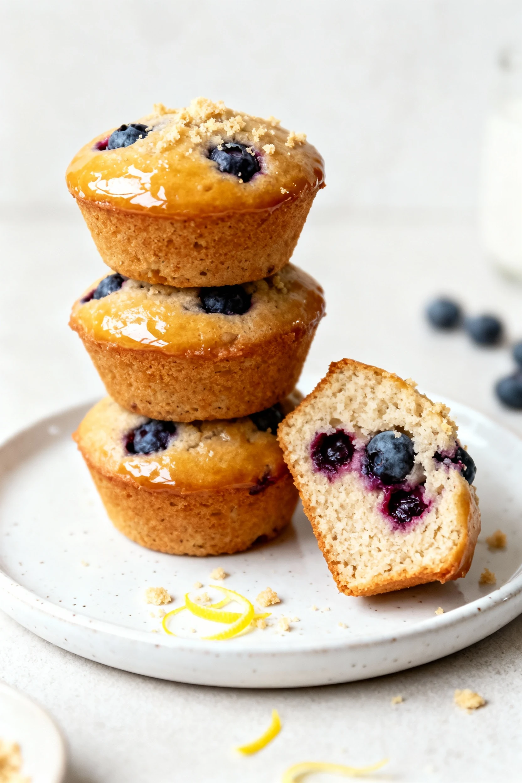 Food photography, Beautifully plated coconut flour blueberry muffins—three stacked with one halved to reveal juicy inter