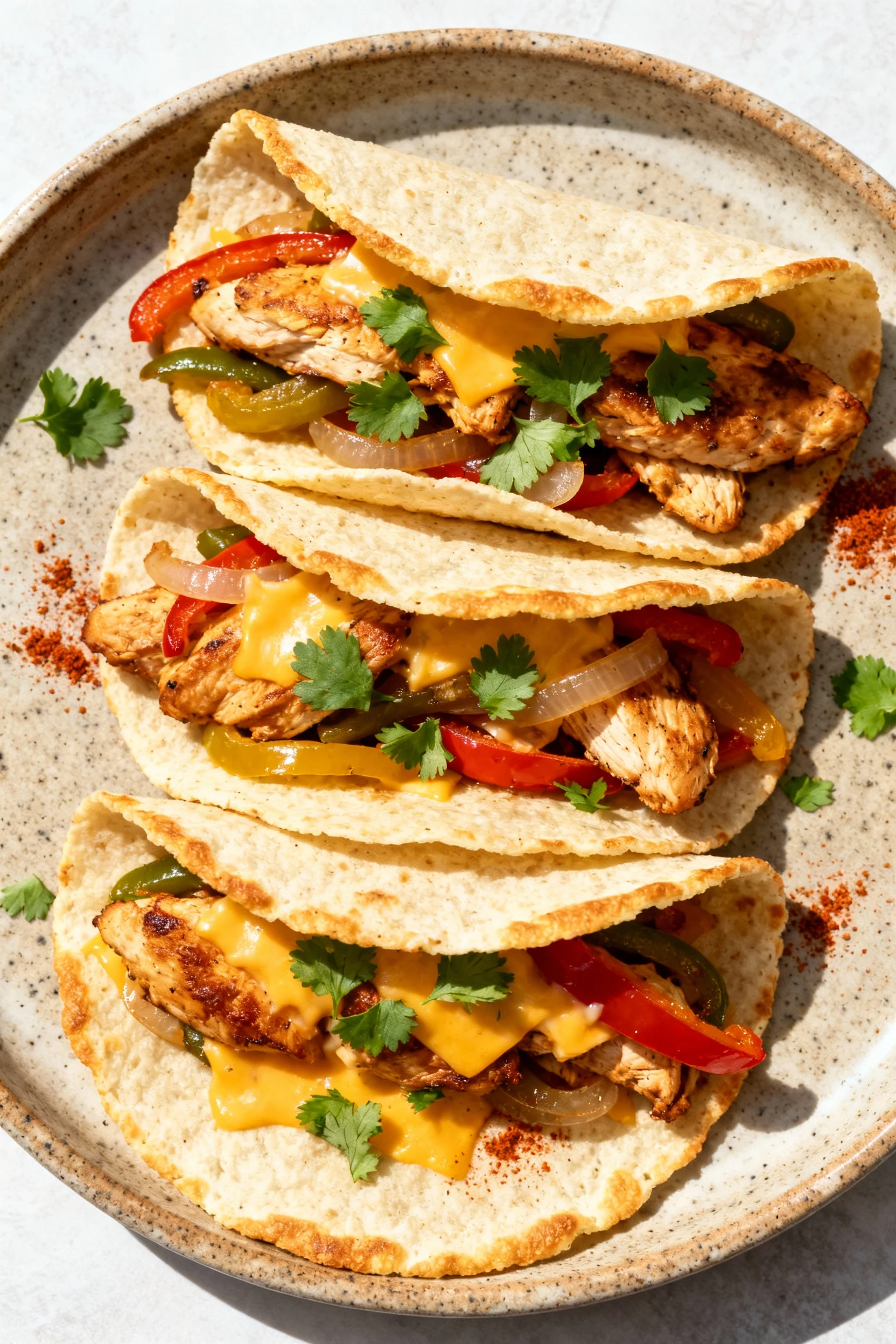Food photography, Overhead shot of three keto coconut flour tortillas styled as chicken fajita tacos—seared chicken, sau