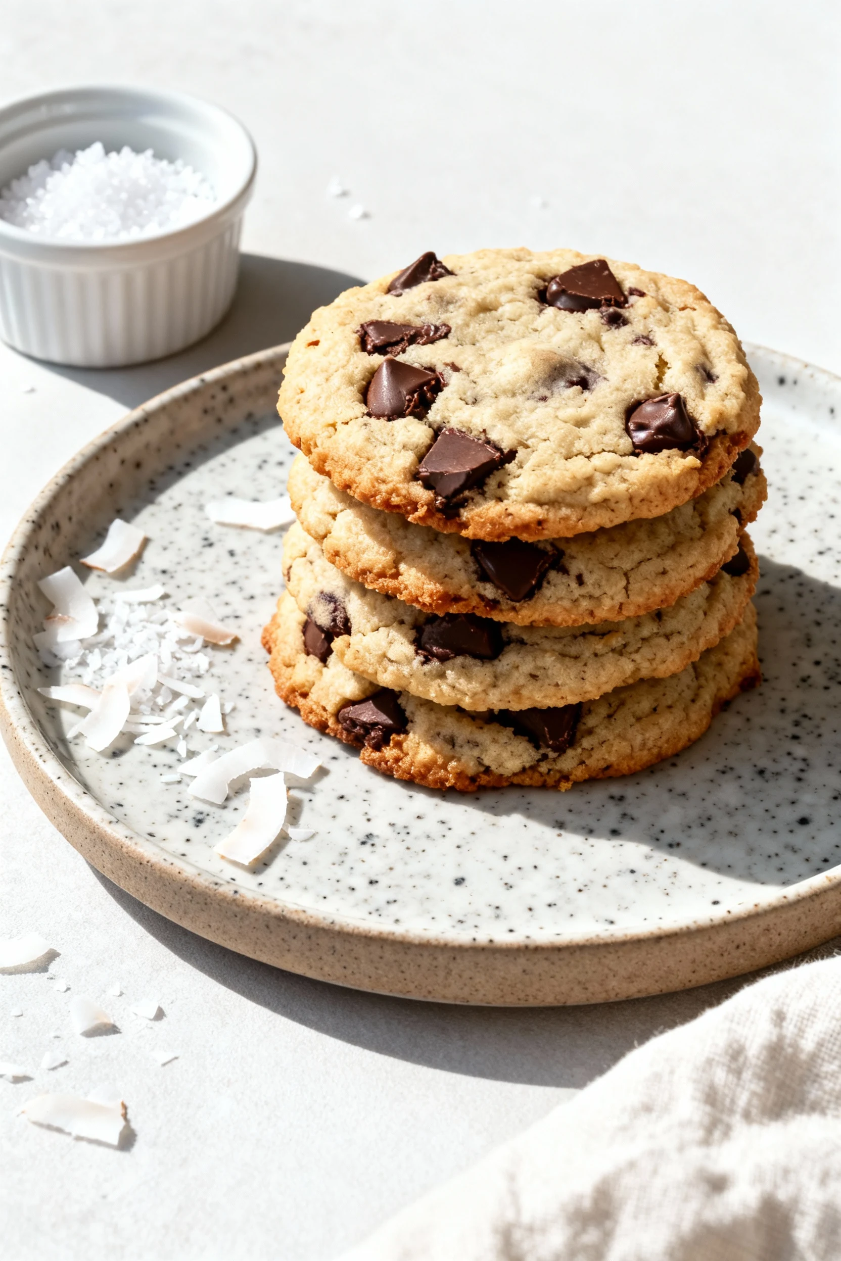 Food photography, Three-quarter angle final presentation: a neat stack of gluten-free coconut flour chocolate chip cooki