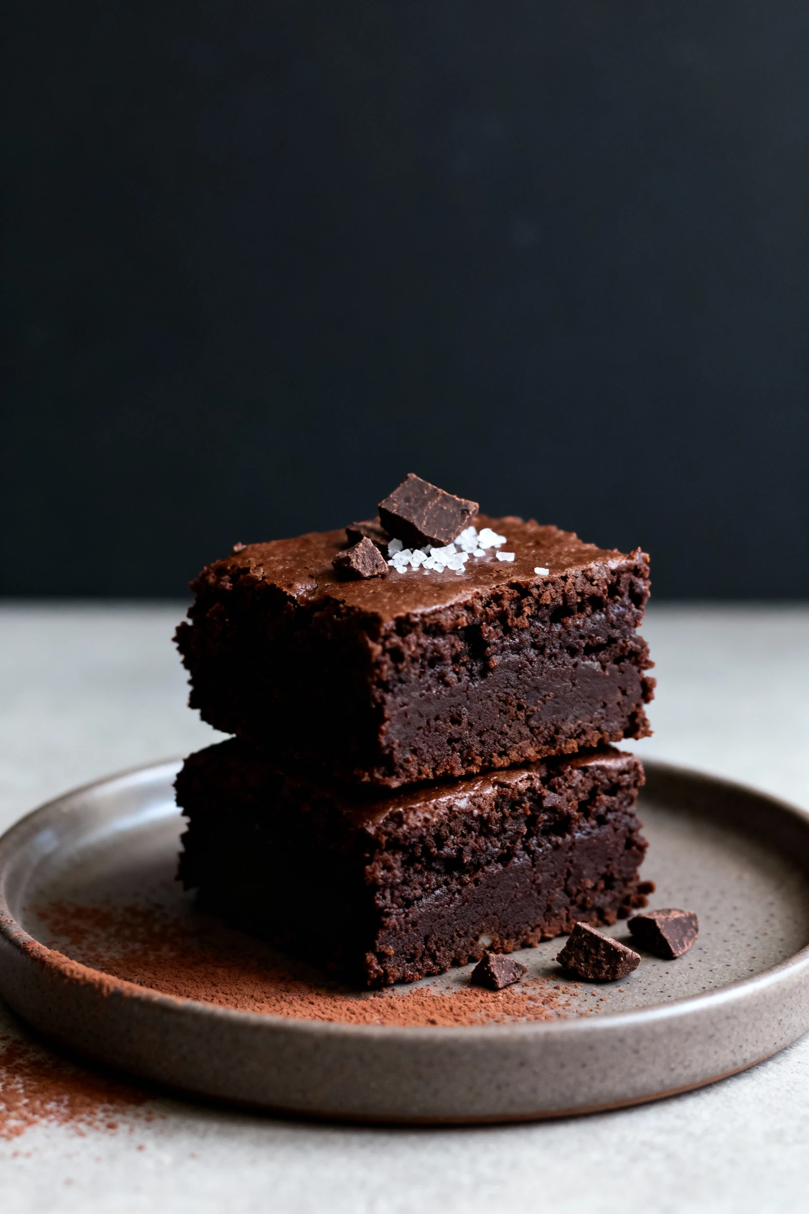 Food photography, Beautifully plated final dish: two stacked fudgy coconut flour brownies on a small matte ceramic plate
