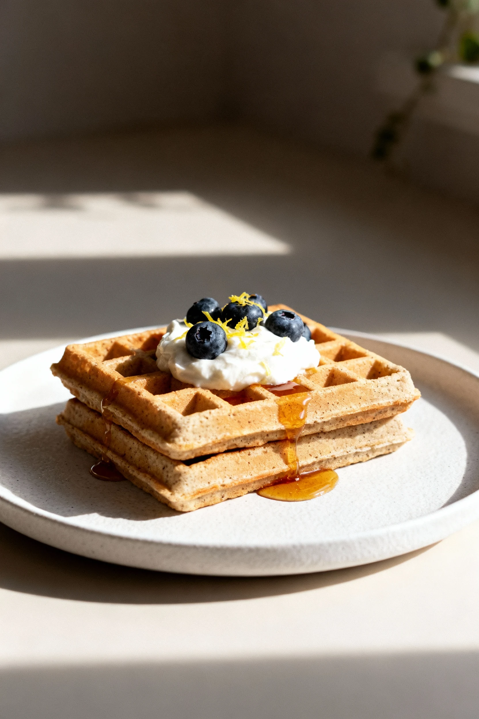 Food photography, Final dish at 45 degrees: stack of two coconut flour waffles on a matte white plate with a dollop of G
