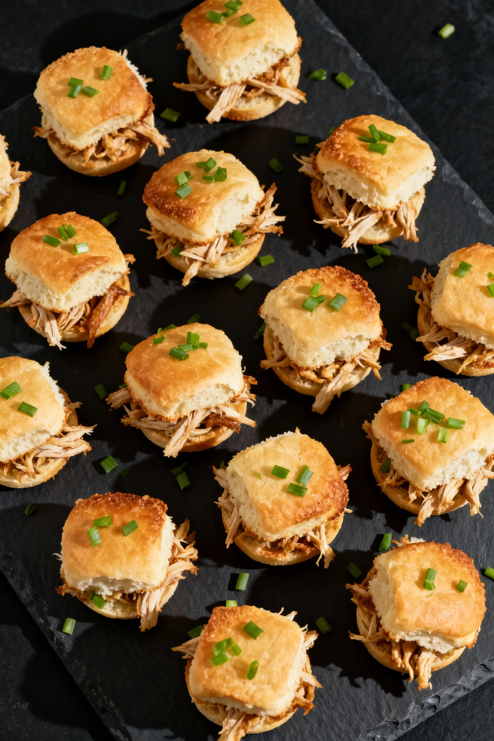 Food photography, Overhead shot of mini slider biscuits filled with pulled chicken: 10–12 small, split biscuits showing 