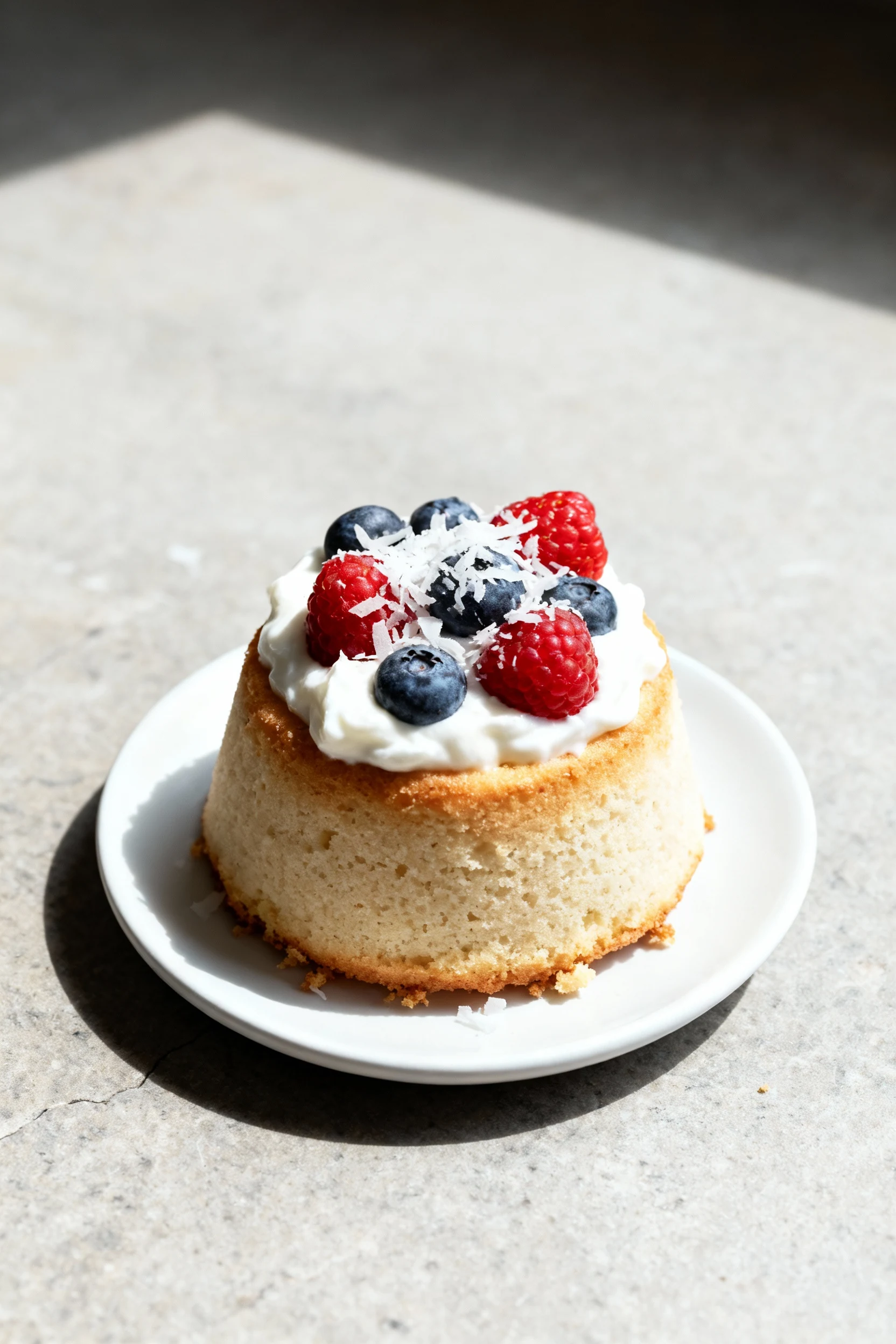 Food photography, Beautifully plated coconut flour mug cake inverted onto a small white plate, topped with Greek yogurt,