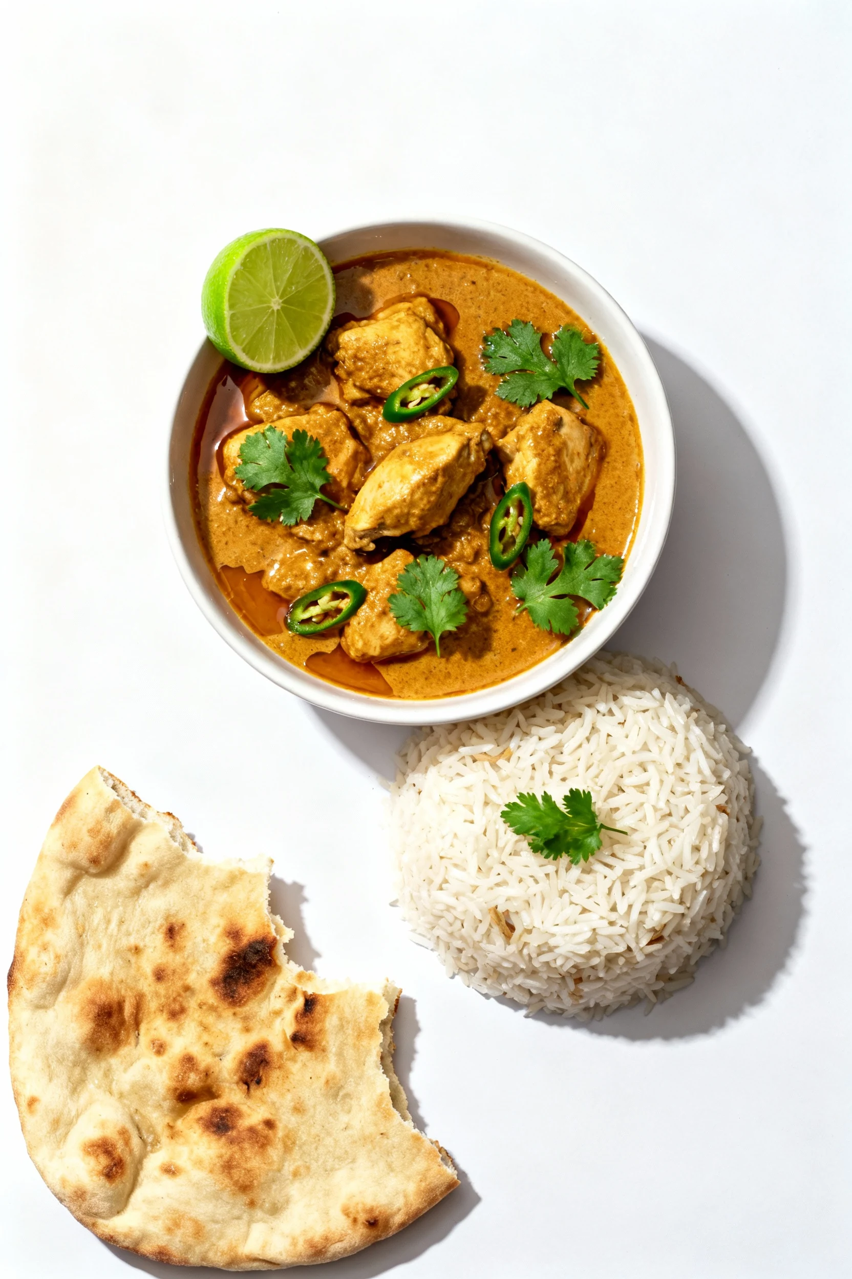Top-down presentation: generous bowl of curry chicken alongside fluffy basmati rice and warm naan, glossy sauce pooling,