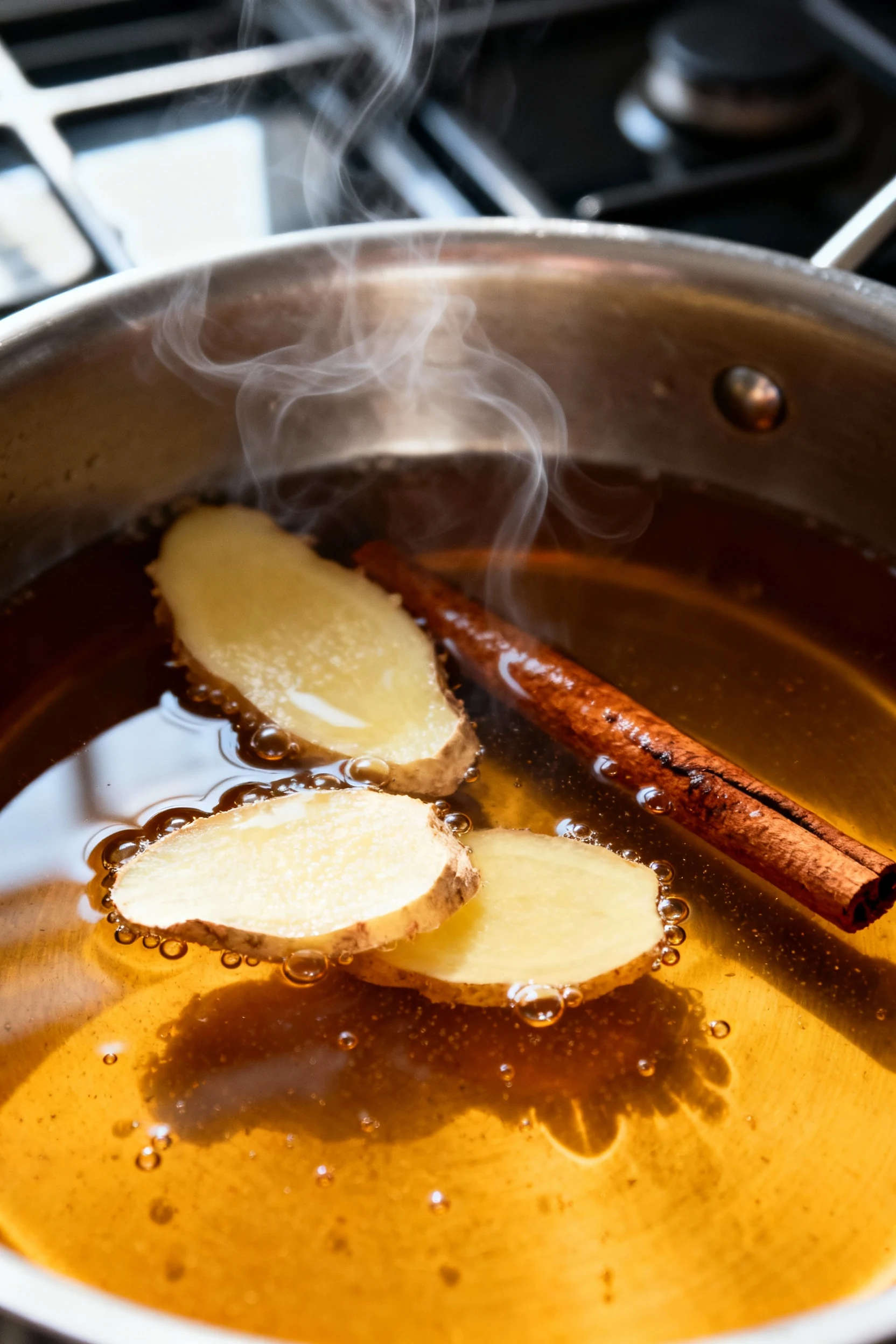 Cooking process—ginger syrup simmering: thin-sliced ginger and cinnamon stick in glossy amber liquid, tiny bubbles and l
