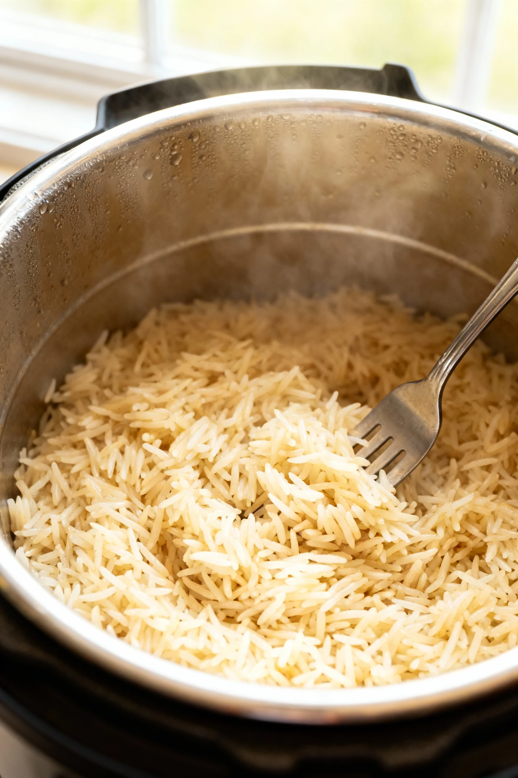 Cooking process: freshly cooked basmati in an Instant Pot insert, long grains fluffed with a fork resting in the rice (n