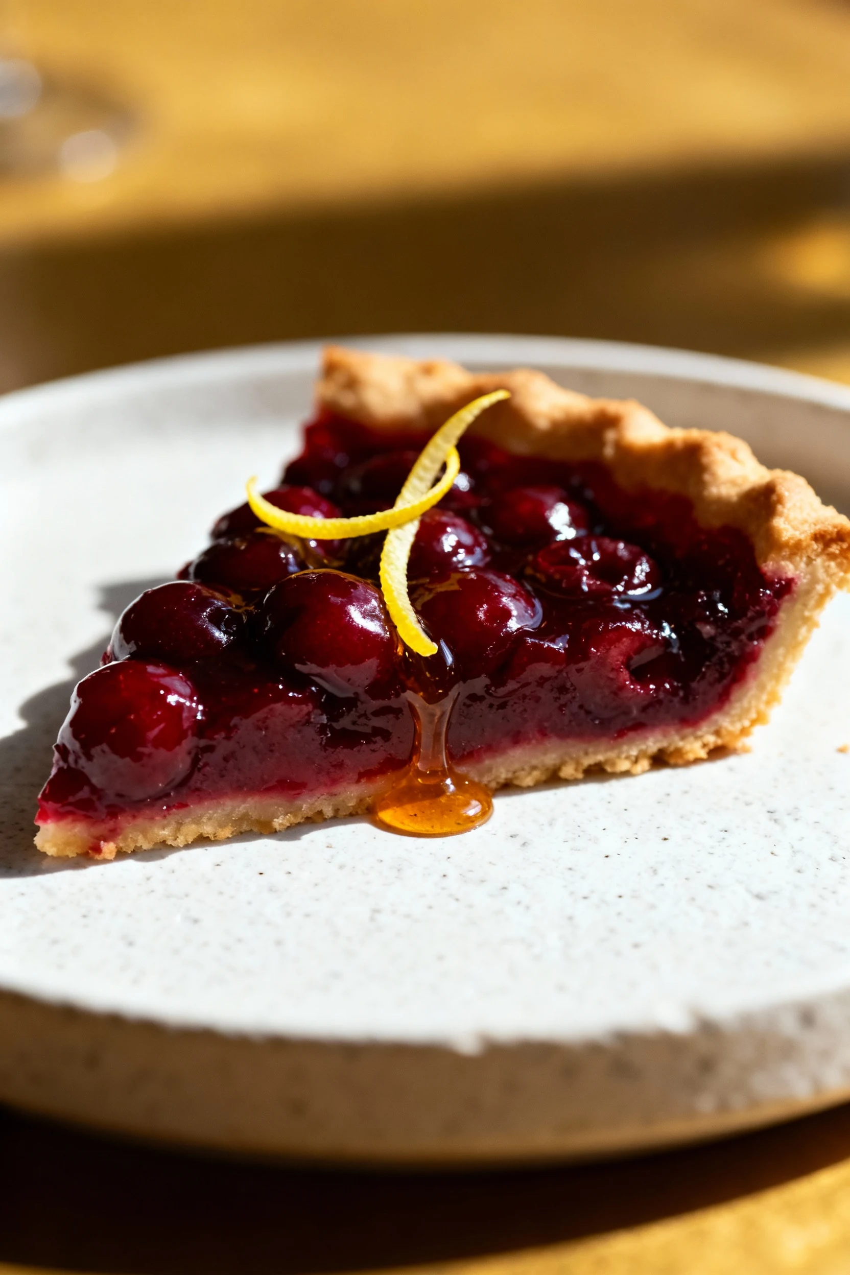 Slice of classic cherry pie on white stoneware, thick clean-set filling with a drip of syrup, hint of lemon zest ribbon 