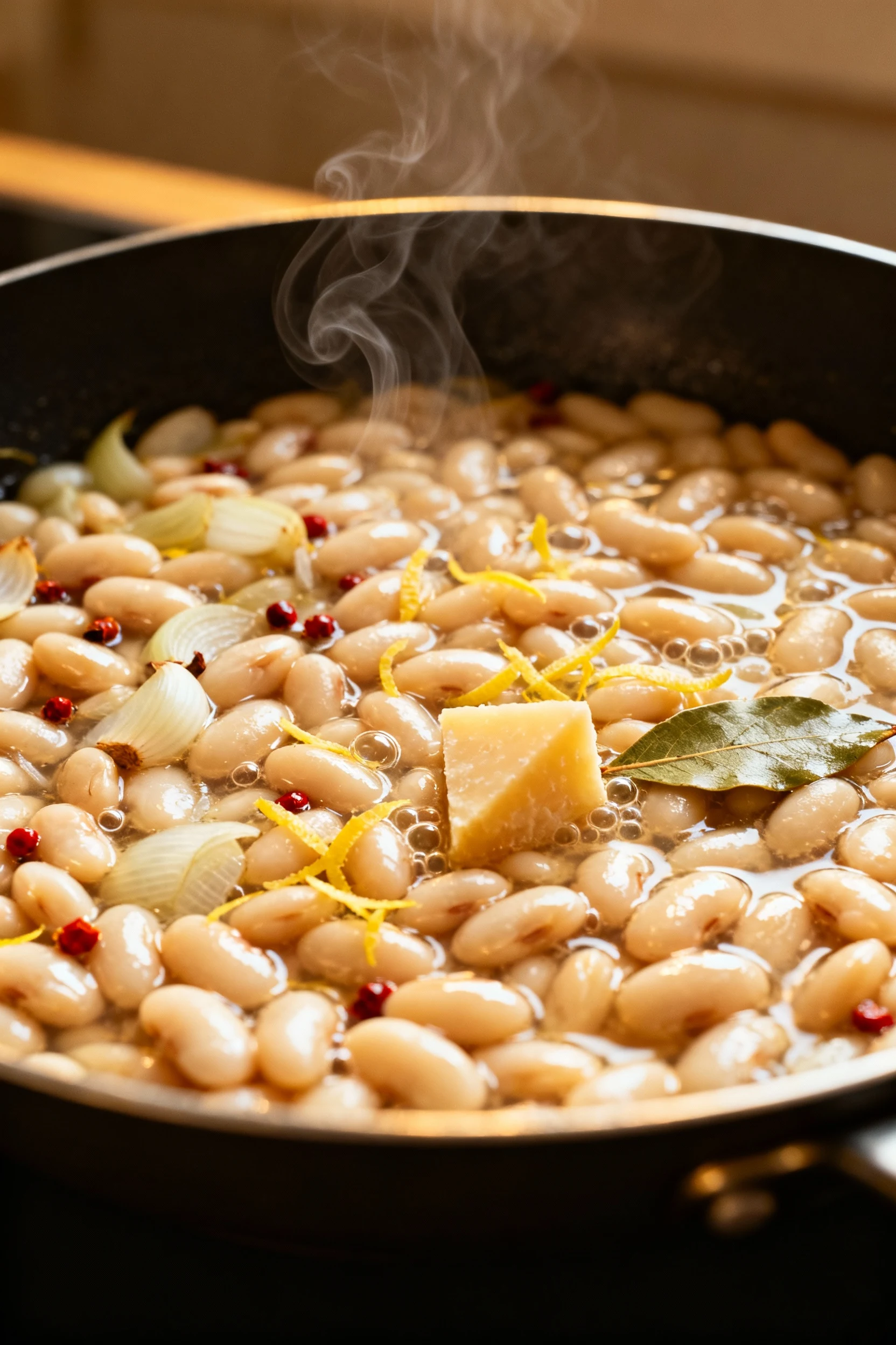 Cooking process: wide skillet of white beans gently simmering with onion, garlic, red pepper flakes, bay leaf, and a Par