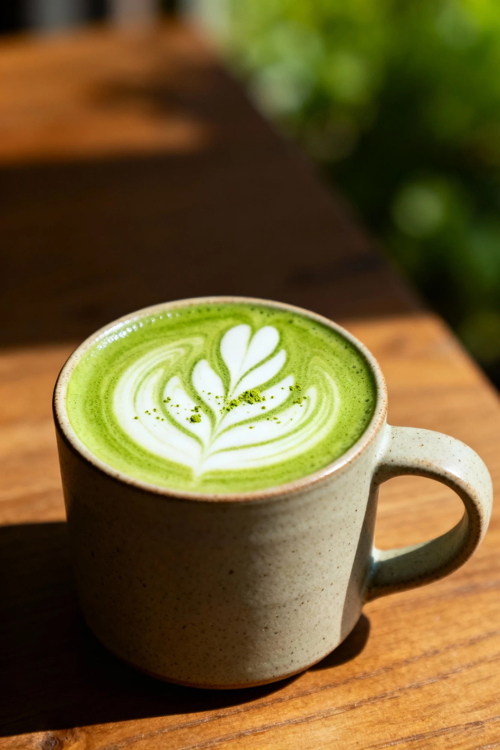 3. Final dish: hot matcha latte in a matte stoneware mug, silky microfoam with simple leaf latte art, vivid spring-green
