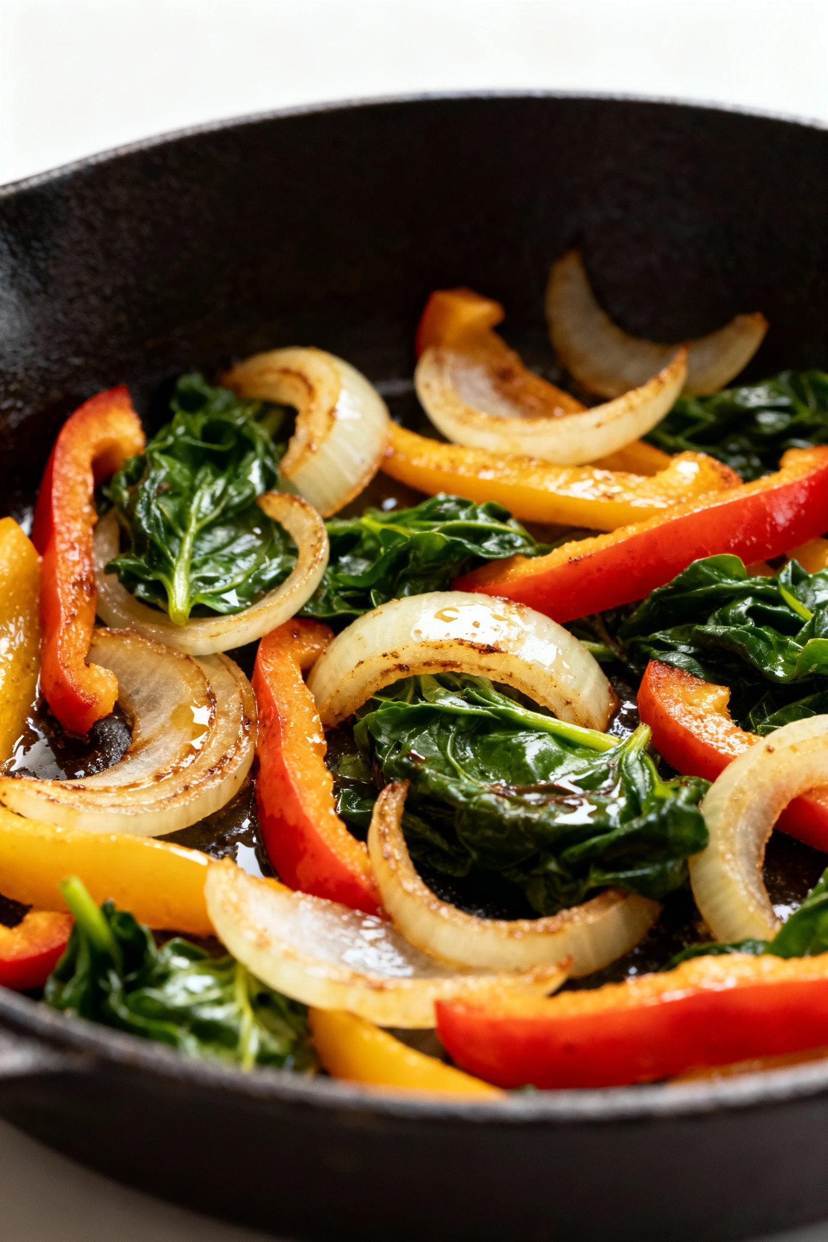 Cooking process: sautéed onions, bell peppers, and wilted spinach glistening with light browning in a cast-iron skillet;