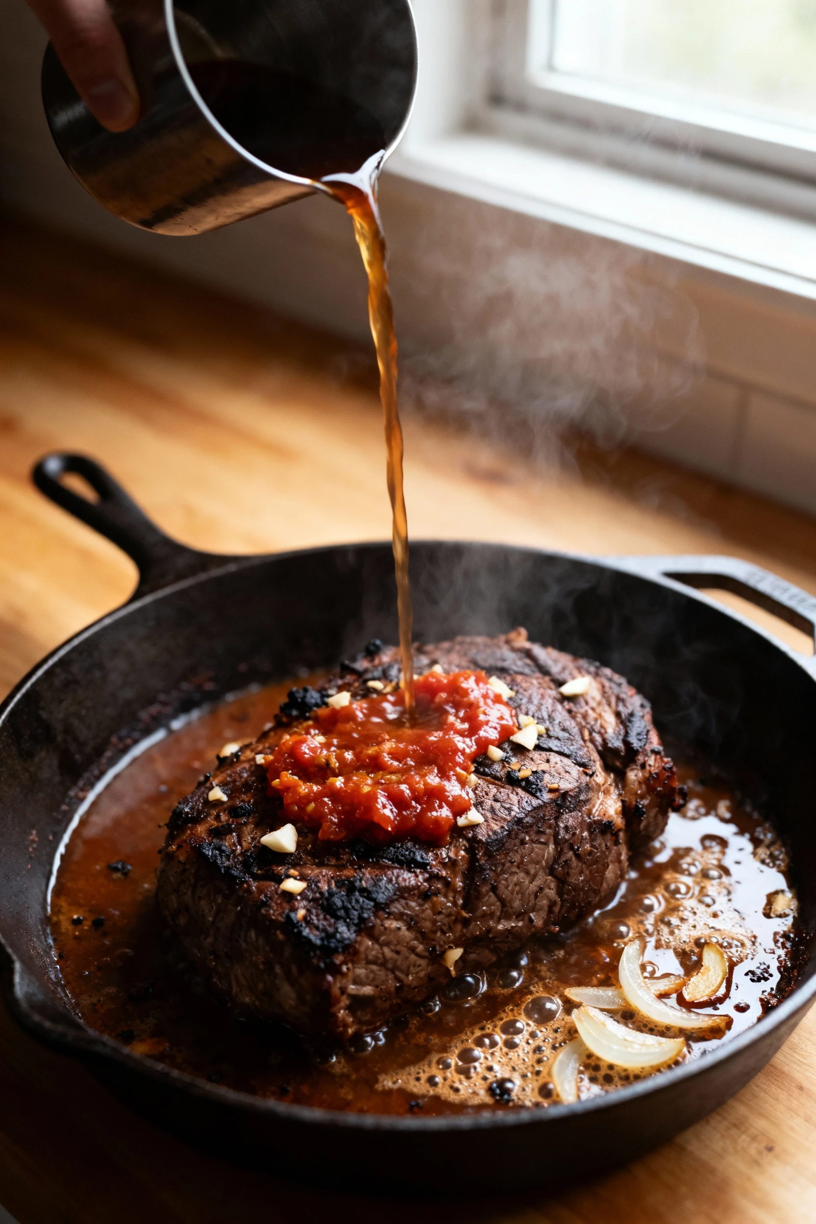 Cooking process: deeply seared chuck roast in a cast-iron skillet with caramelized tomato paste and garlic, beef broth d