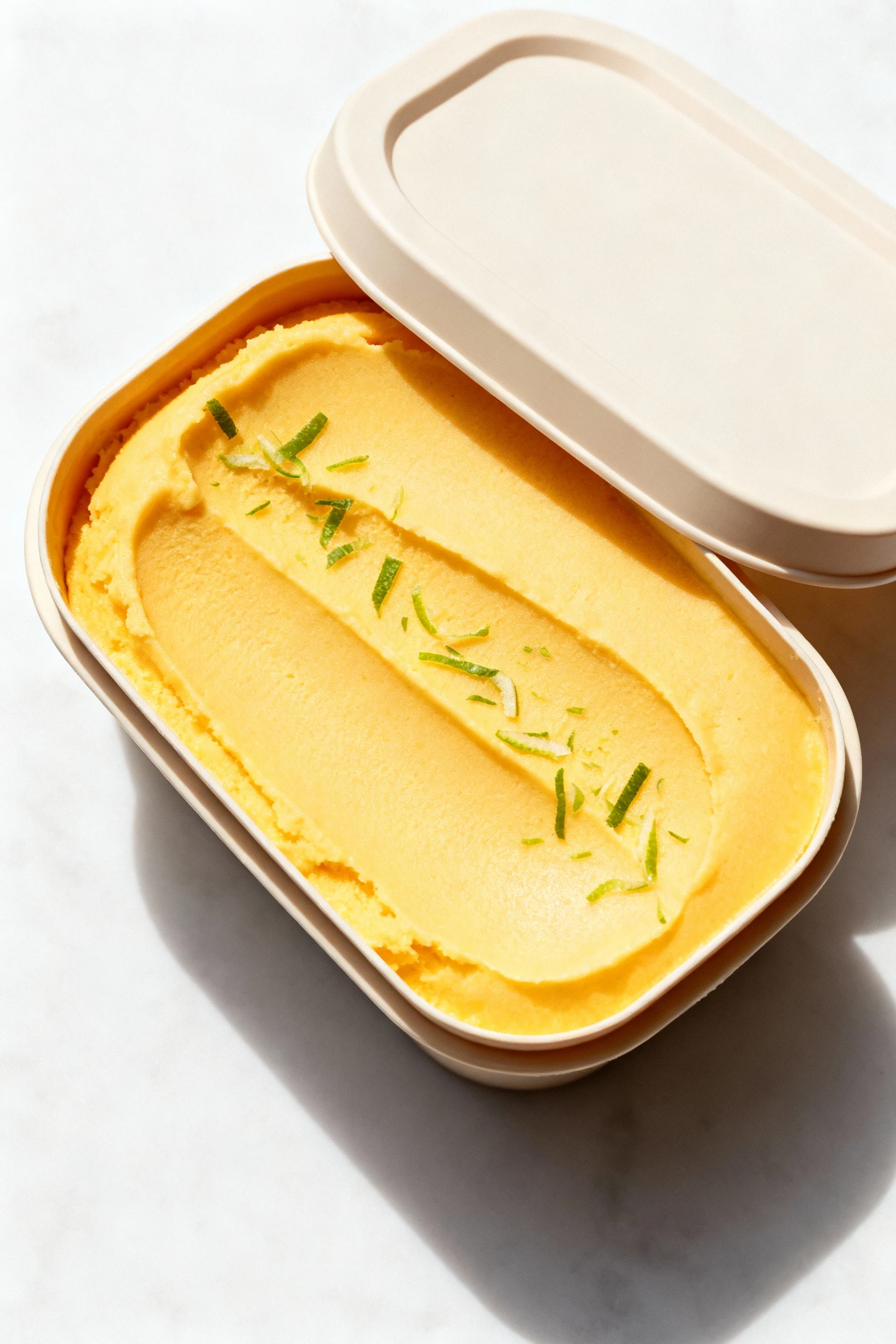 Overhead shot of Mango-Lime sorbet in a lidded container, smooth surface with light scoop marks and lime zest sprinkle, 