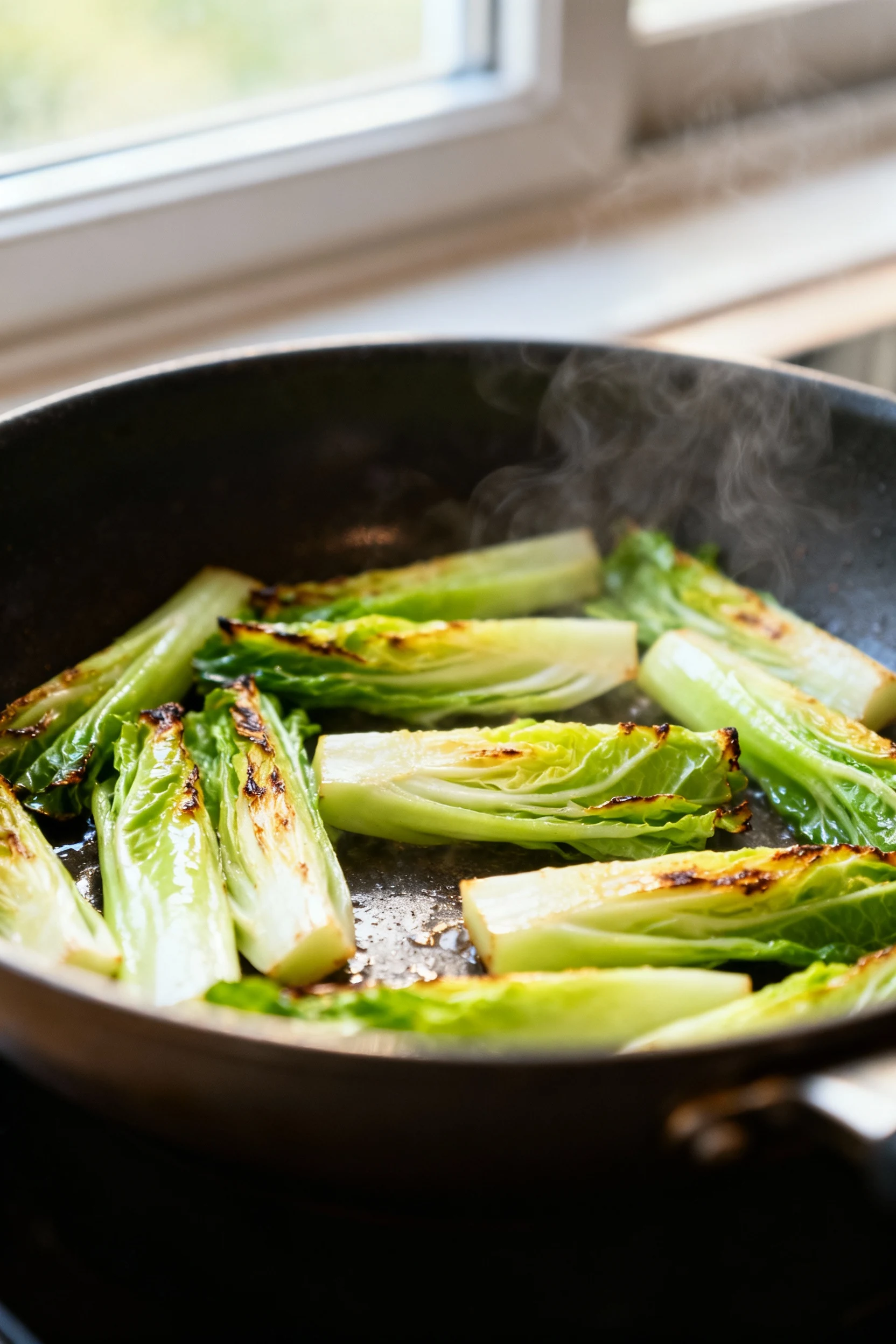 Process shot of napa cabbage stems only, stir-frying over high heat until glossy with light char on the edges, spaced to