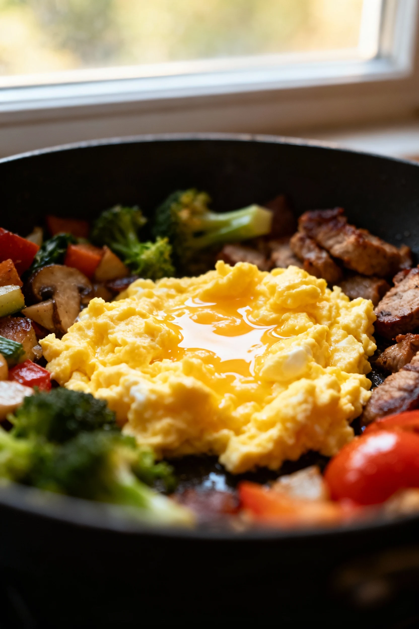 Optional egg move: just-set soft scrambled egg in the center of the skillet with veggies and protein around the edges, c