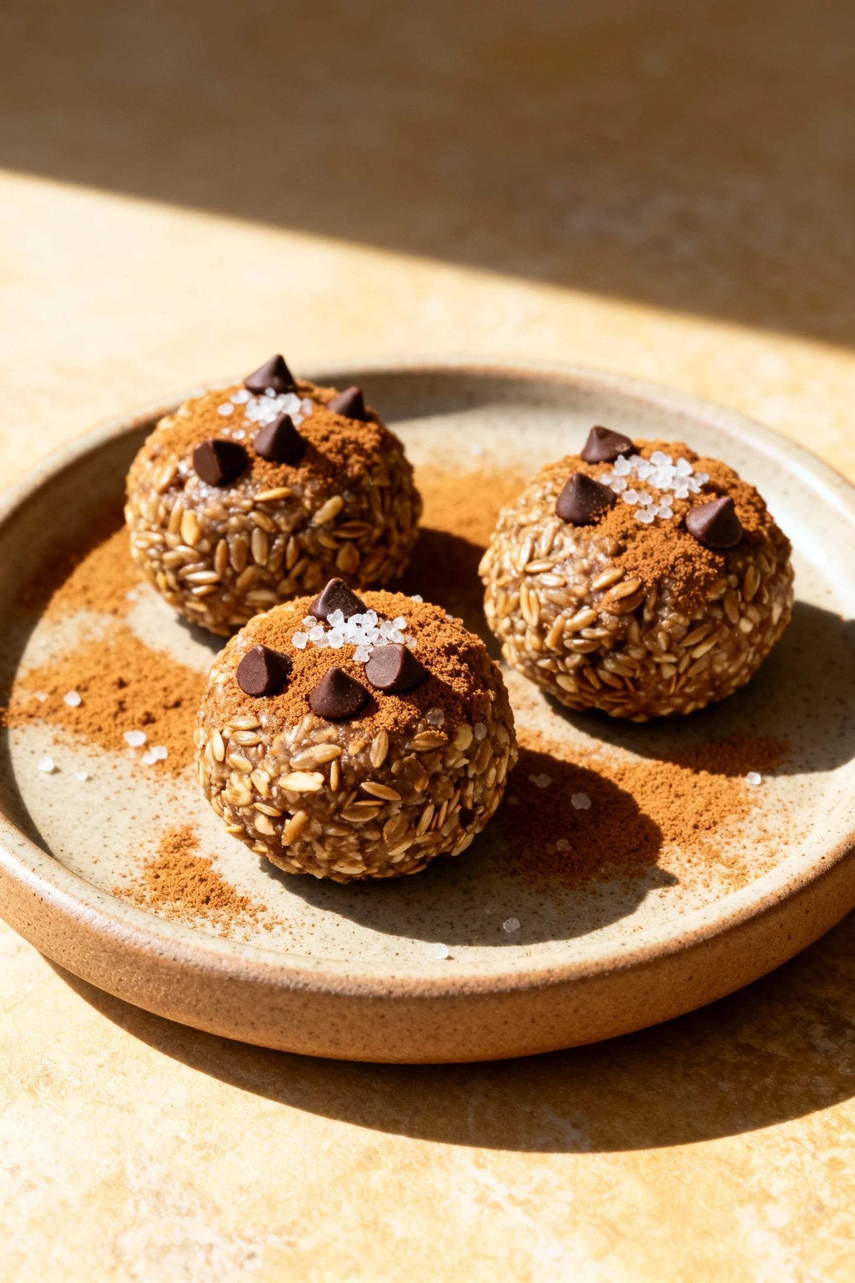 Beautifully plated trio of flax power bites on matte stoneware, lightly dusted with cinnamon and a pinch of fine sea sal