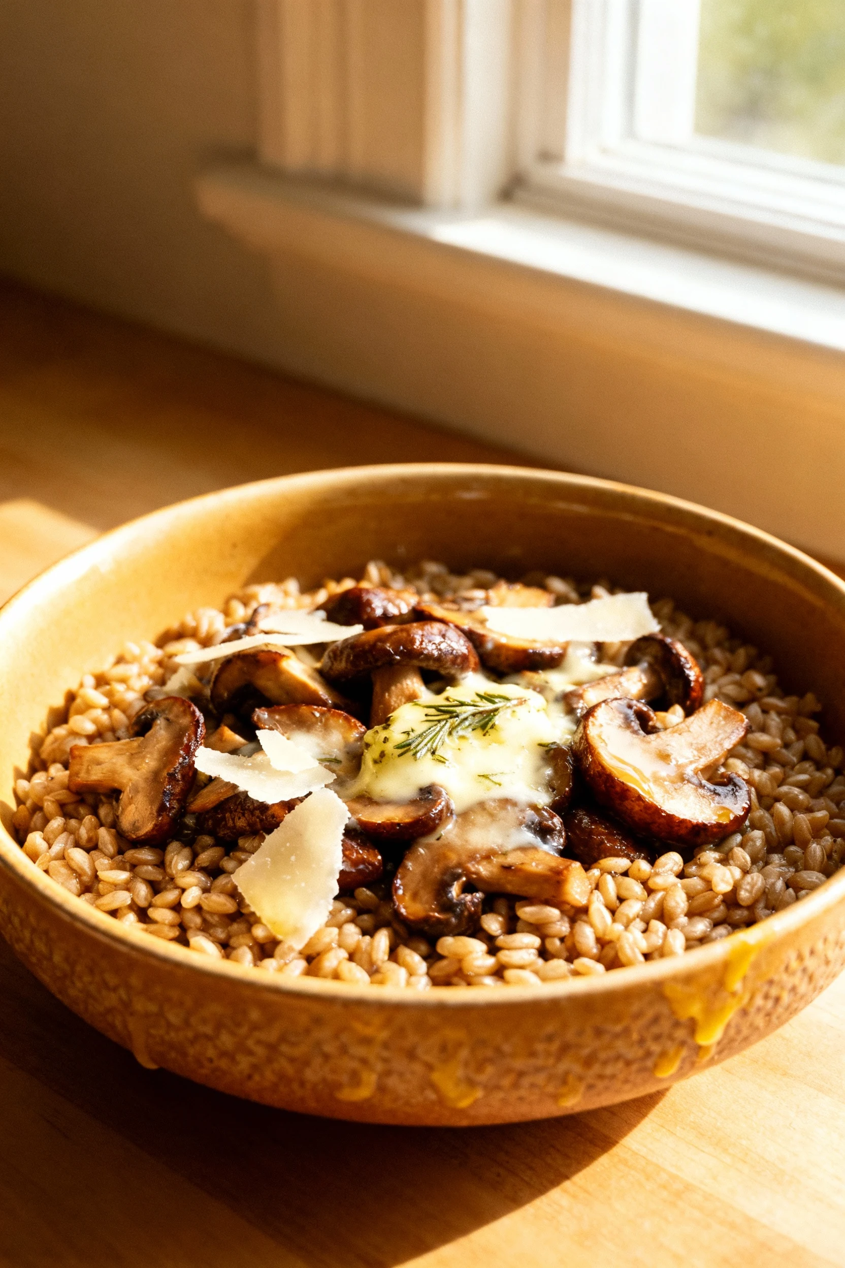 Three-quarter Mushroom + Thyme Farro: browned cremini and shiitake, garlic–thyme butter gloss, Parmesan shavings melting