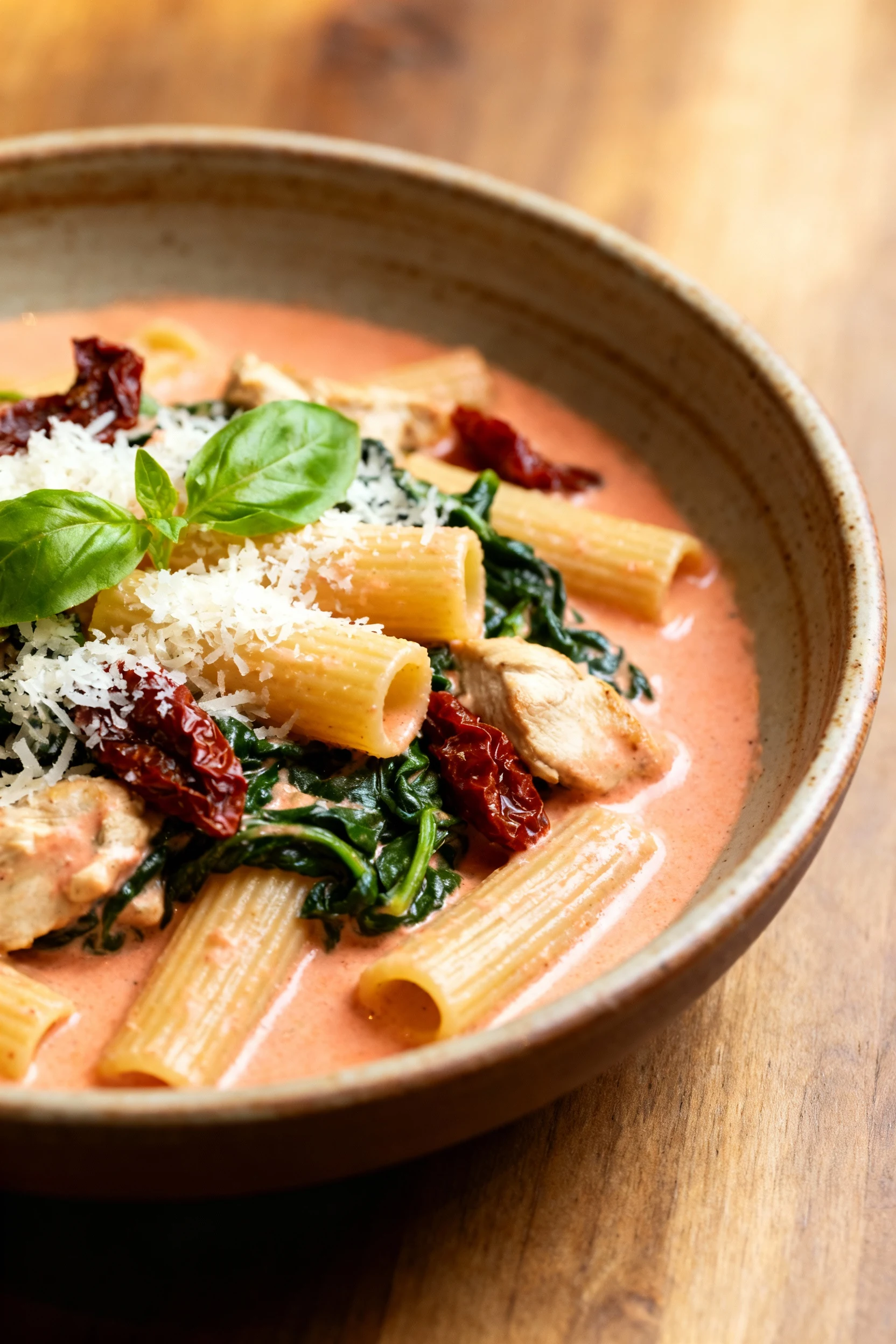 Final dish, 45-degree: Creamy Tuscan Chicken rigatoni plated in a rustic ceramic bowl, sun-dried tomatoes and wilted spi