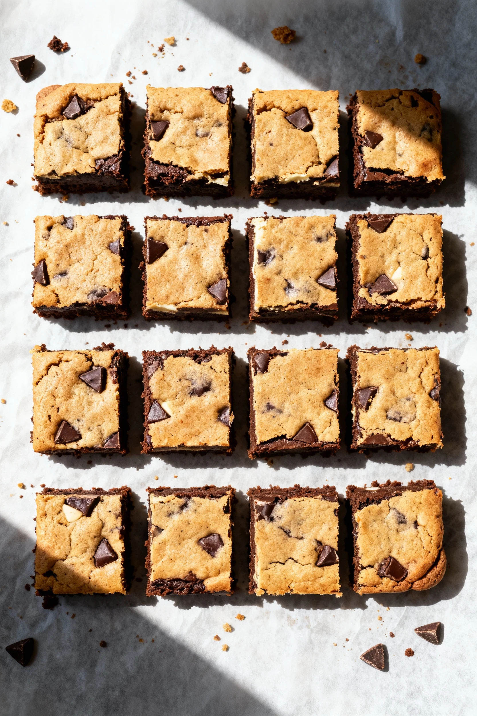 3. Top-down grid of 16 brookie squares on parchment, sharp wiped edges, scattered crumbs and a few extra chips on the su