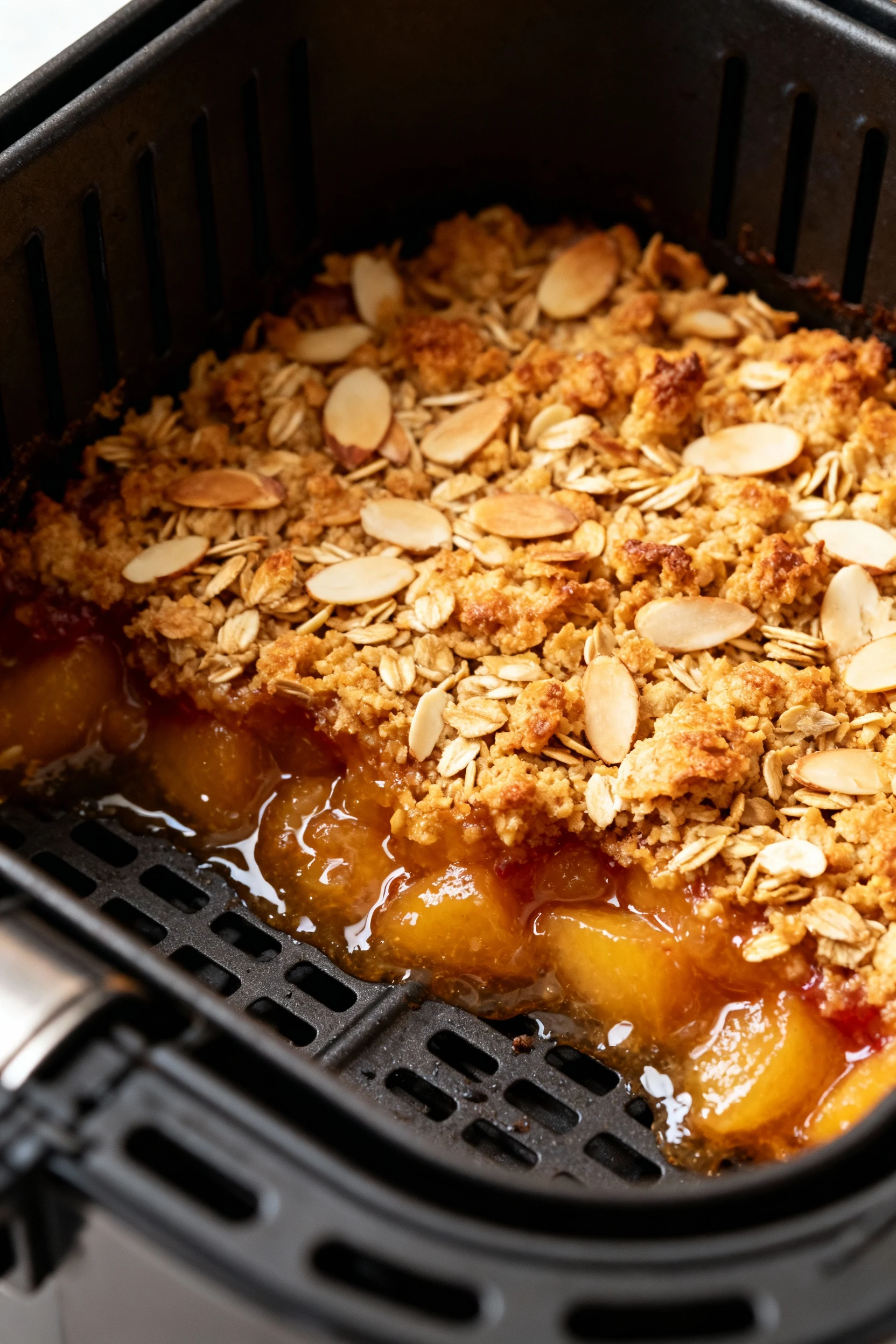 Process shot: golden almond fruit crumble mid-bake in an air fryer basket at 375°F, craggy oat–almond topping starting t