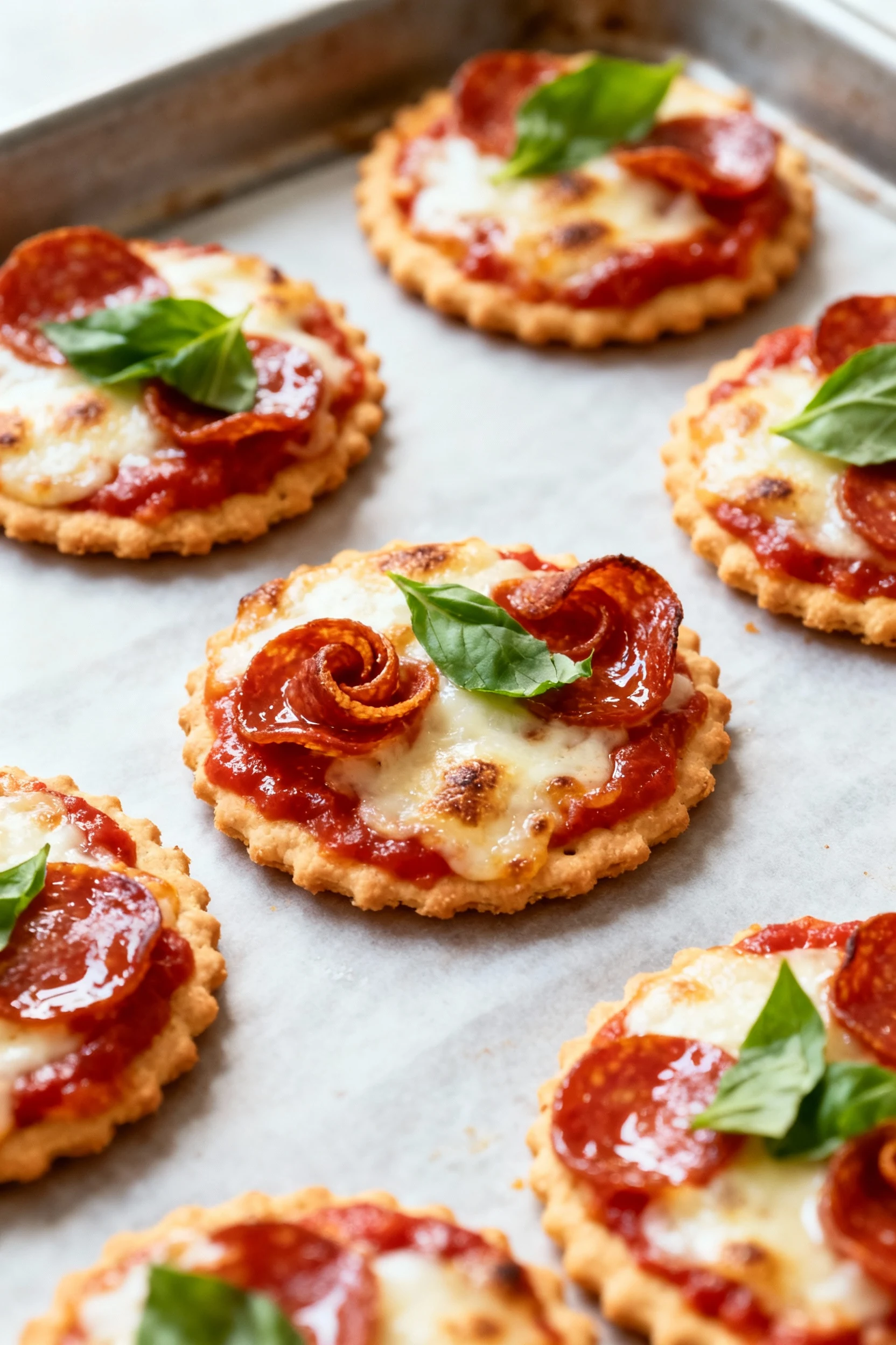 3/4 angle of Mini Pepperoni Pizza crackers on sheet pan: thick marinara, melted mozzarella with light browning, curled c