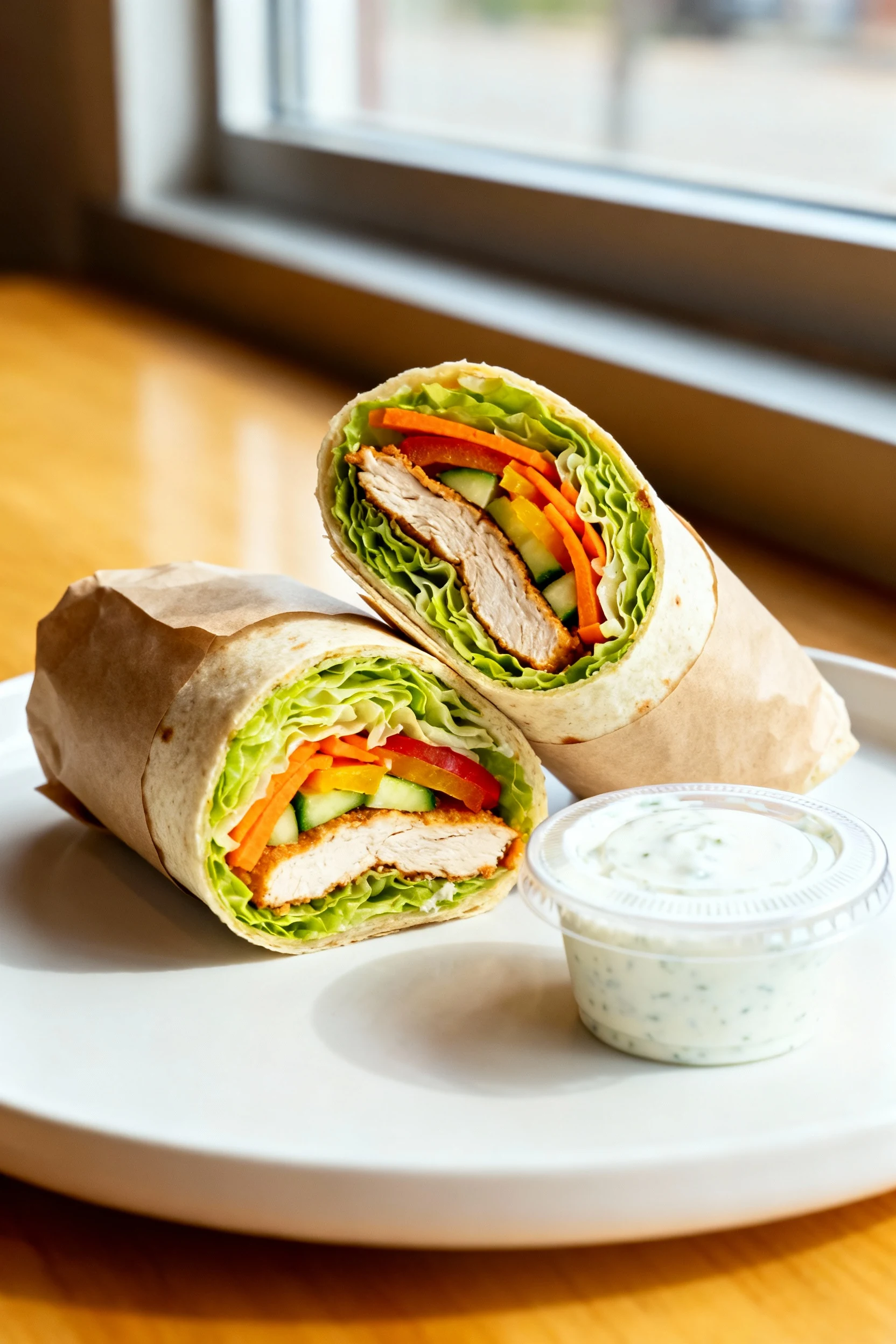 Beautifully sliced Crunchy Chicken Rainbow Wrap halves showing crisp romaine barrier and vibrant veg cross-section, parc