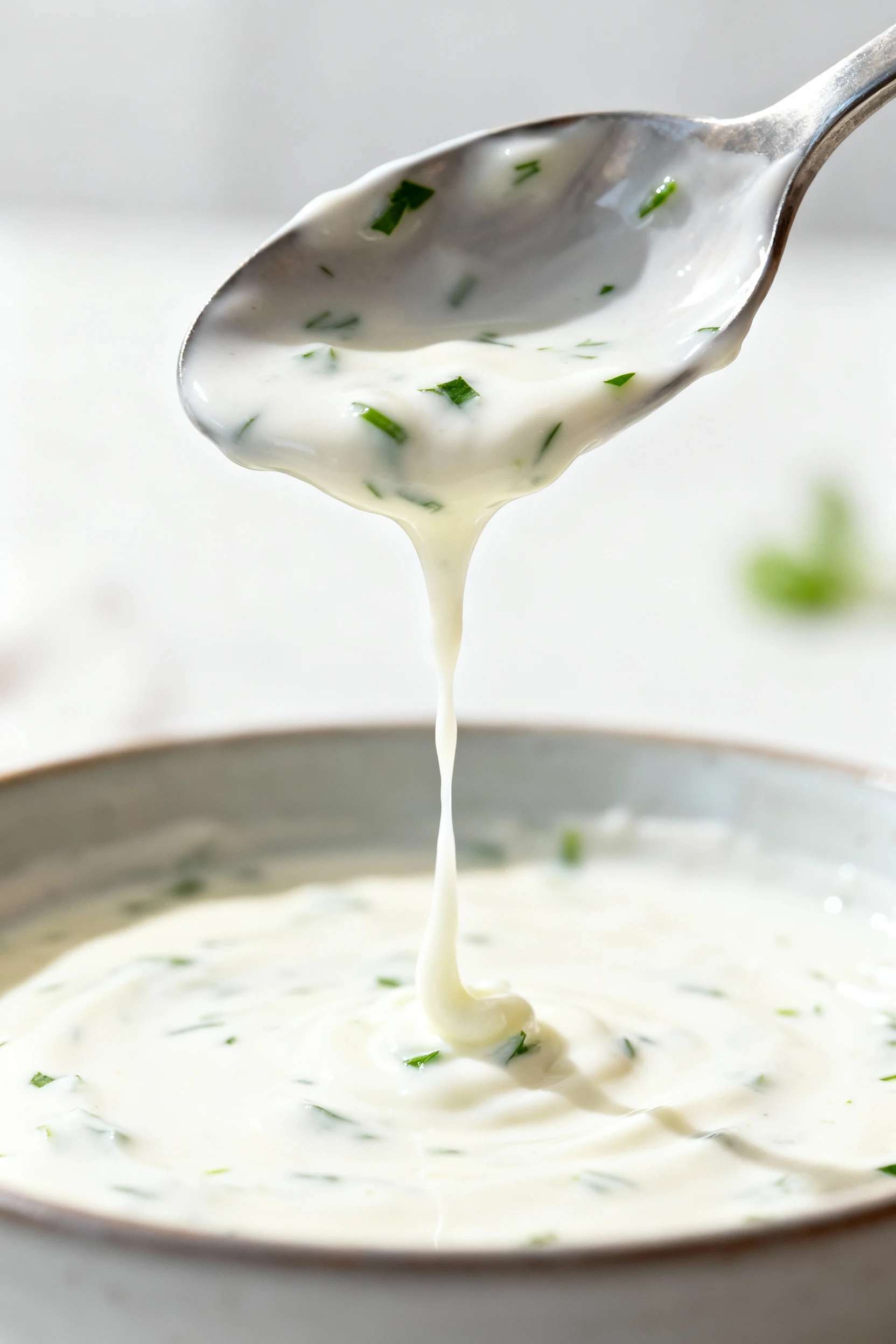 Cooking process: pourable dressing test with buttermilk-thinned sour cream streaming from a spoon back into the bowl, co