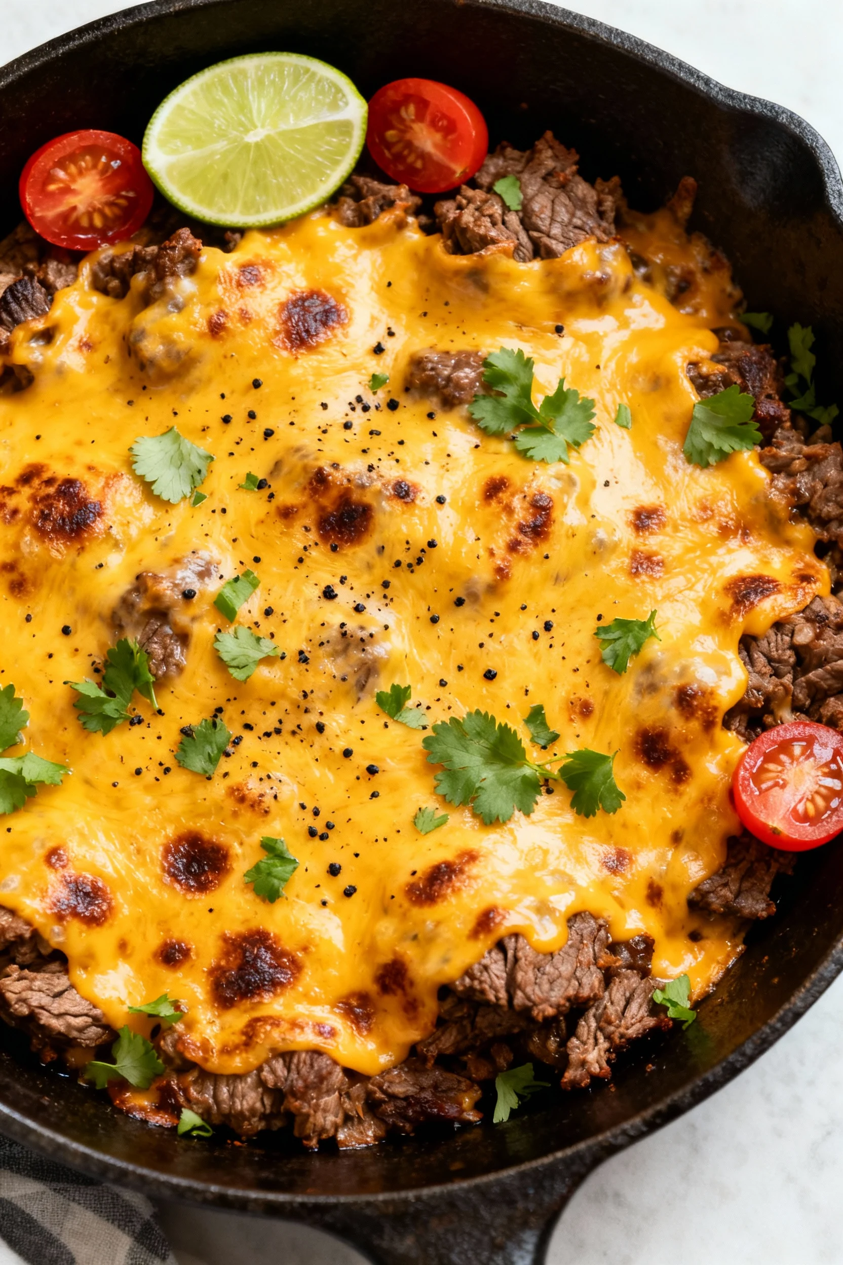Overhead skillet finish: beef blanketed with fully melted cheddar, bubbly edges and toasted spots, sprinkled with black 