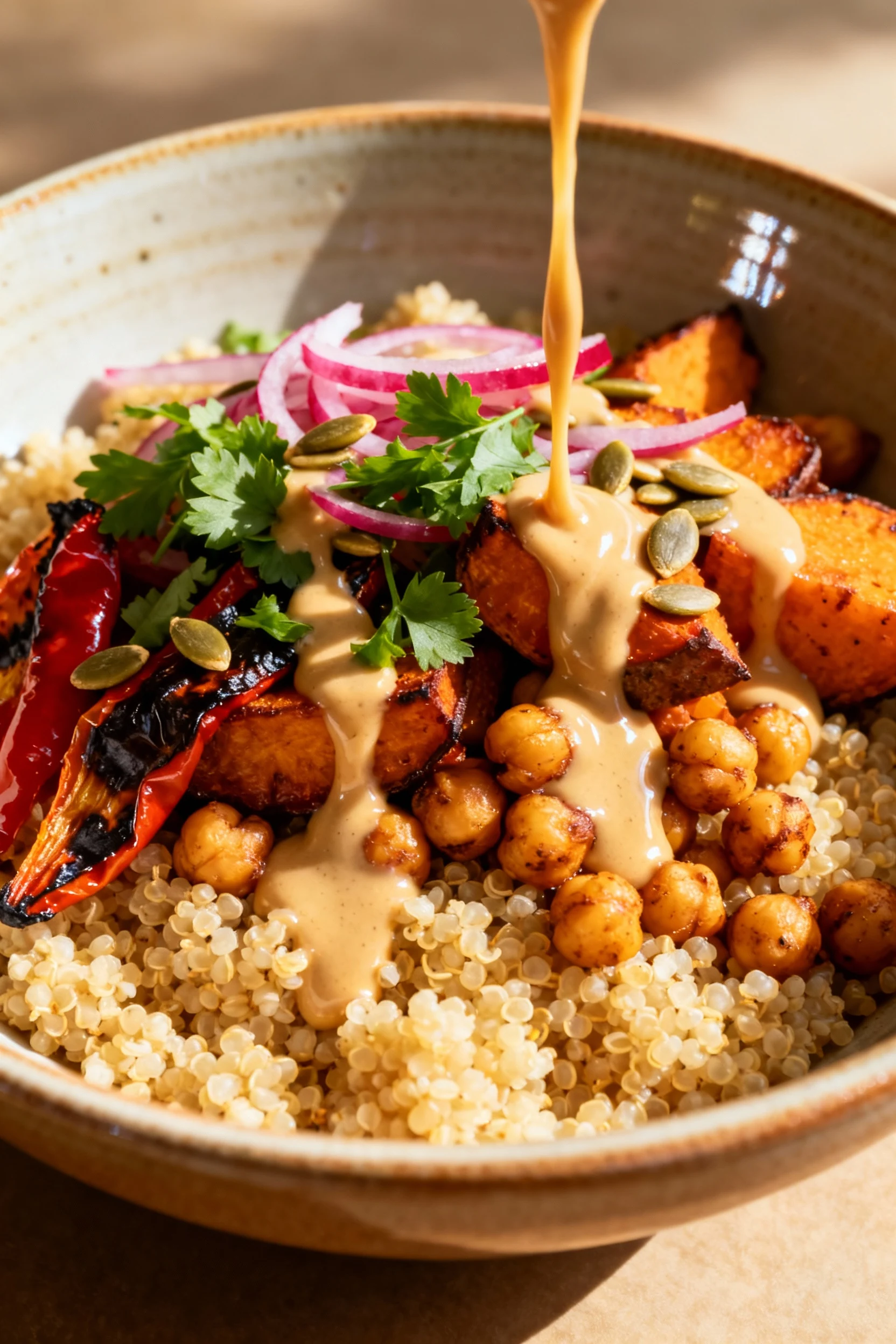3. 45-degree action shot of a warm quinoa bowl topped with roasted veg and chickpeas as a silky garlic–tahini sauce stre