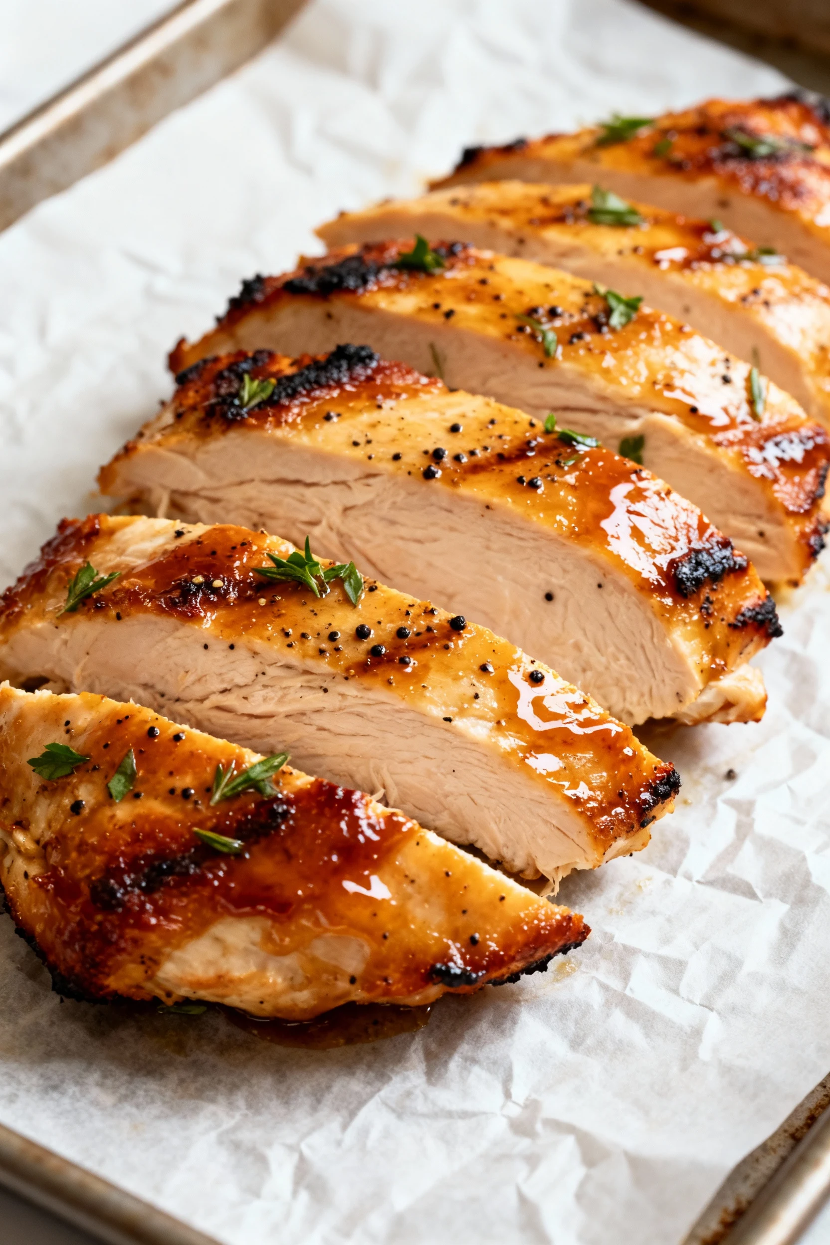 45-degree close-up of sliced chicken breast after the broil bonus crisp, caramelized edges and lacquered glaze with crac