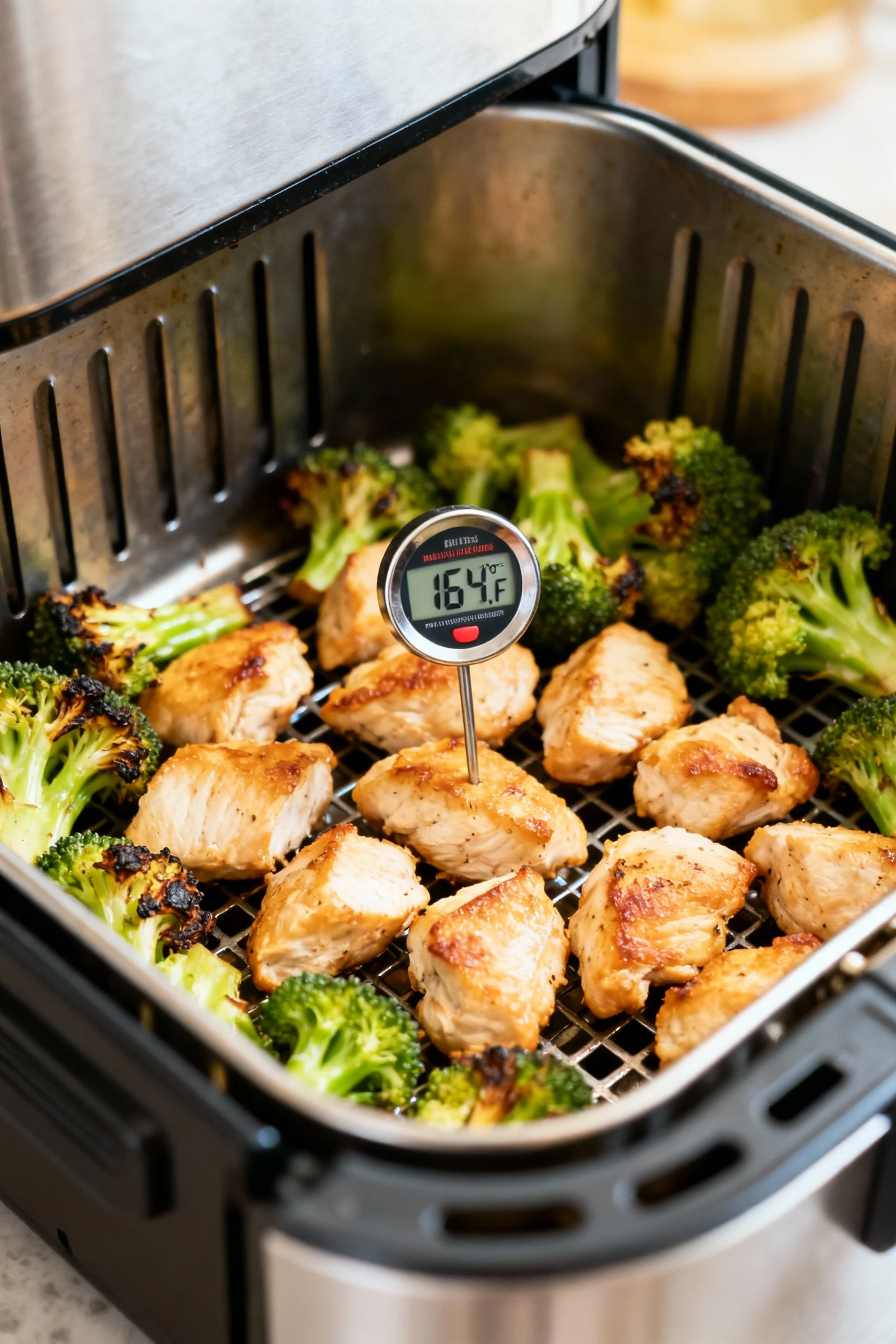 Cooking process—open air fryer basket at the end of cook: lightly golden chicken bites with crisp edges, broccoli tender