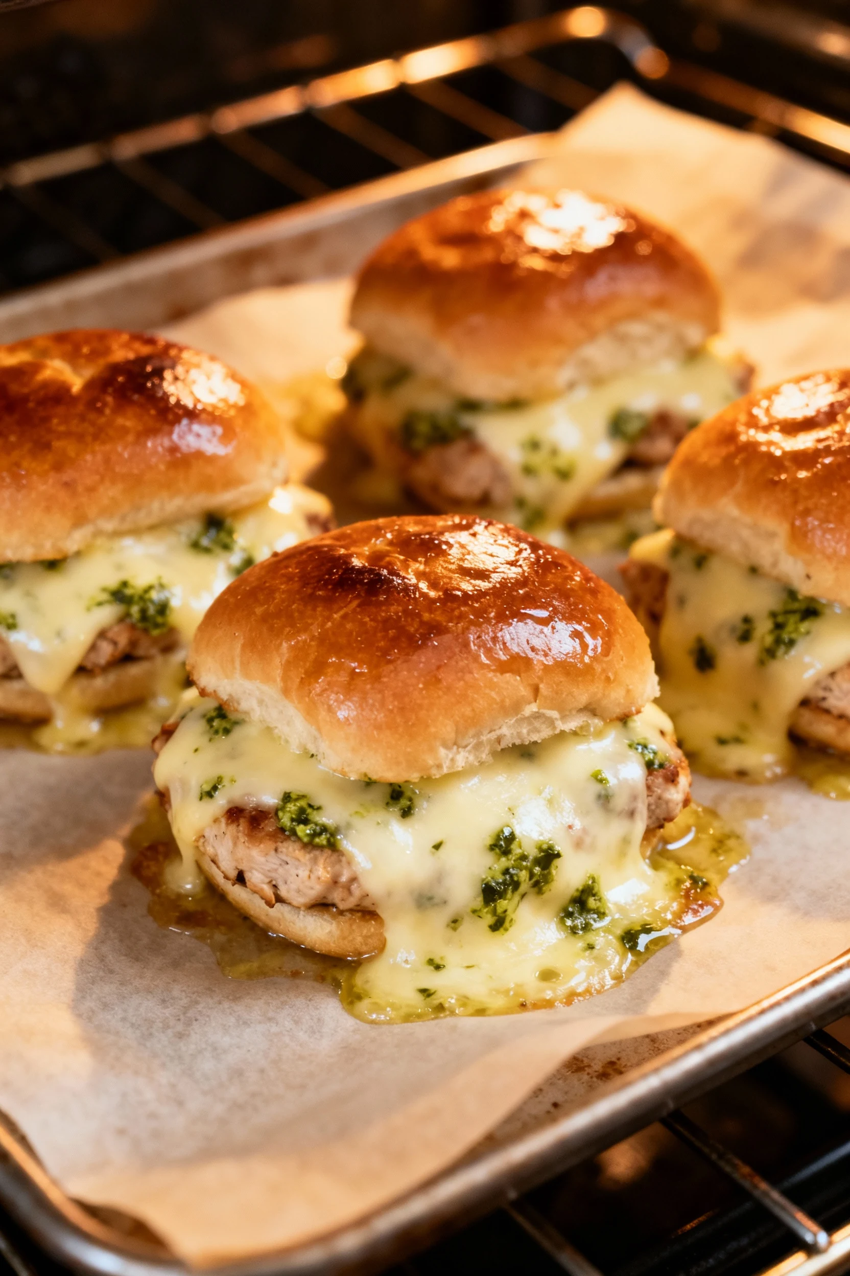 Cooking process: sliders uncovered to brown after foil, turkey + provolone with pesto flecks visible as cheese melts, to