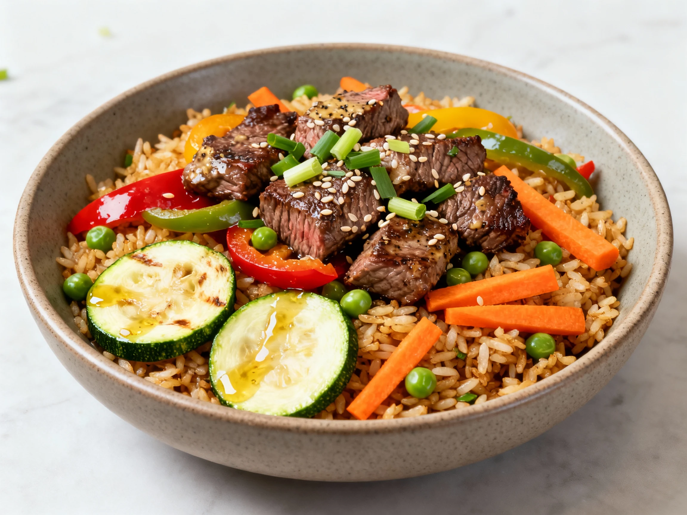 Food photography, Beautifully plated hibachi fried rice with garlic-butter sirloin steak bites, vibrant bell peppers, zu